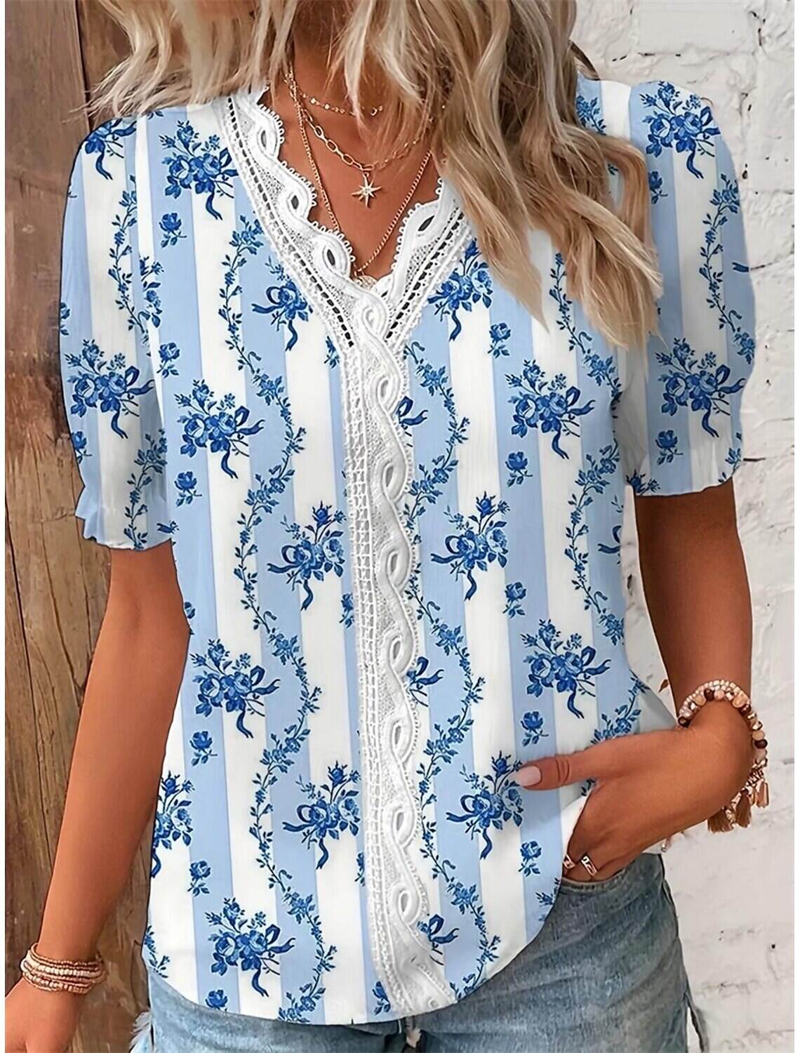 Women's Shirt Lace Shirt Blouse Stylish Modern Floral Lace Patchwork Print Short Sleeve Regular Tops V Neck Daily Sky Summer Spring