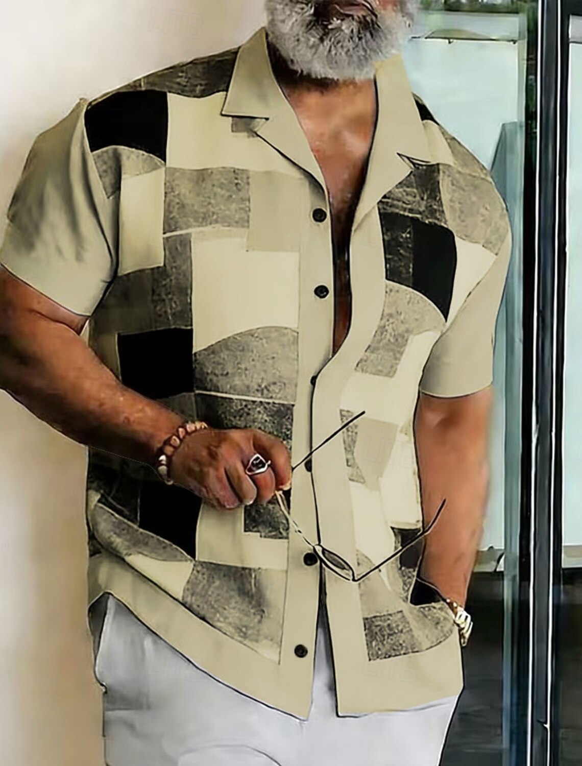 Men's Geometric Color Block Shirt Button Up Camp Collar Short Sleeve