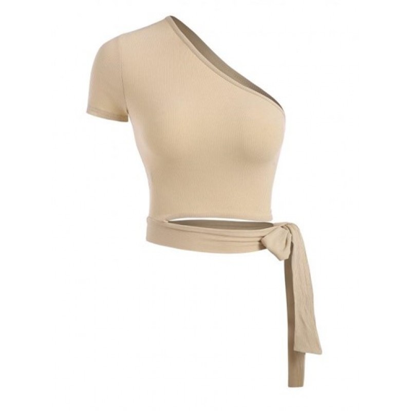 Ribbed Tie Side Cut Out One Shoulder Crop Top LD7262