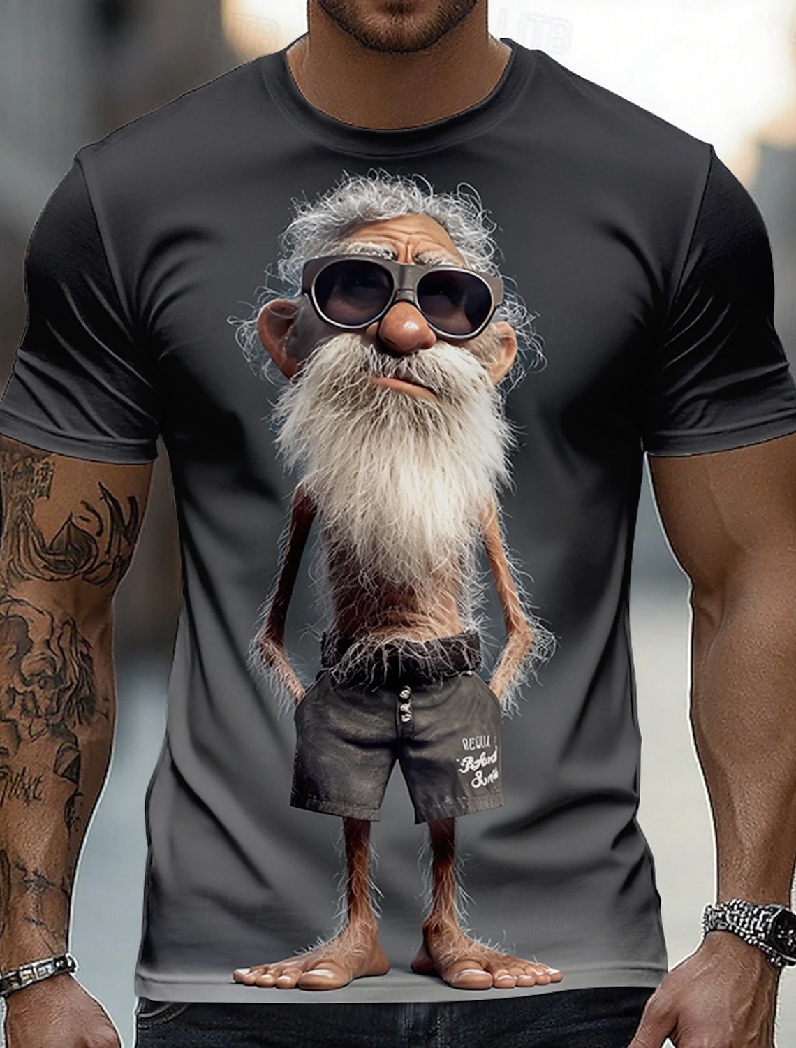 Funny 3D Graphic Cool Old Man with White Beard & Sunglasses Men's Teal T-Shirt - Quirky Grandpa Caricature Design Short Sleeve Crew Neck Summer Beach Holiday Tee - Unique Father's Day Gift Apparel