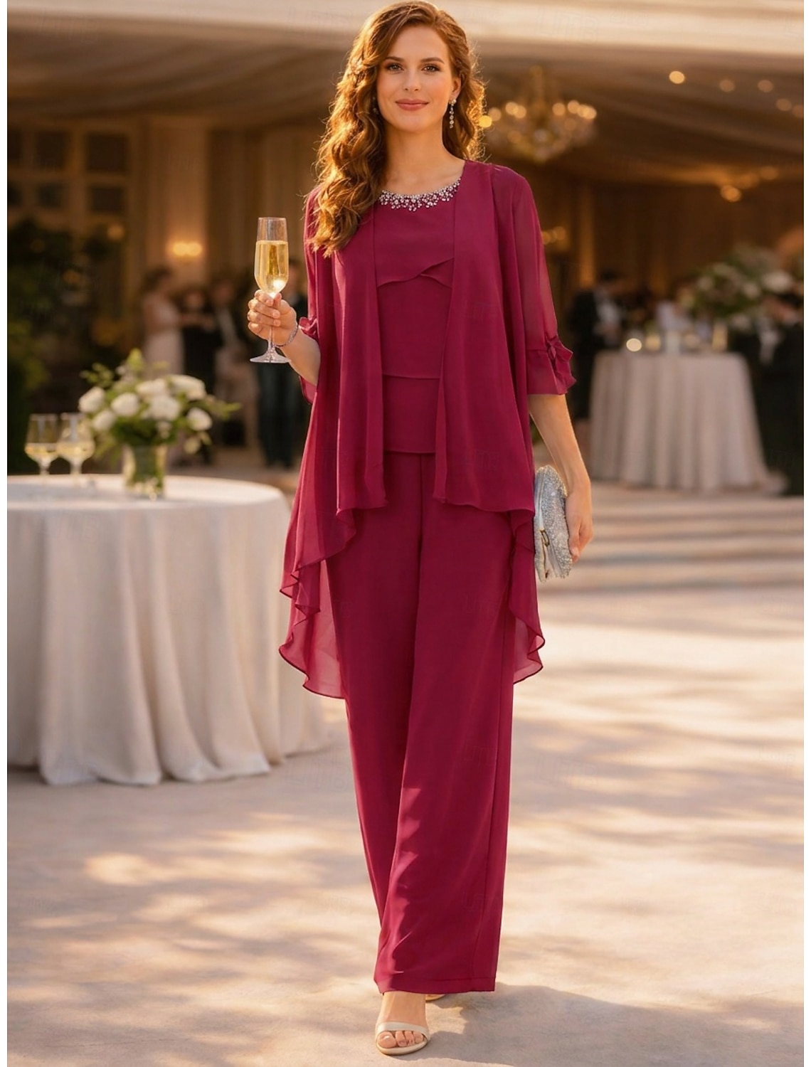 Jumpsuit Pantsuit 3 Piece Floor Length Ankle Length Mother of the Bride Dress Half Sleeve Crew Neck Elegant Simple Minimalist Wedding Guest Chiffon with Crystals Cascading Ruffles