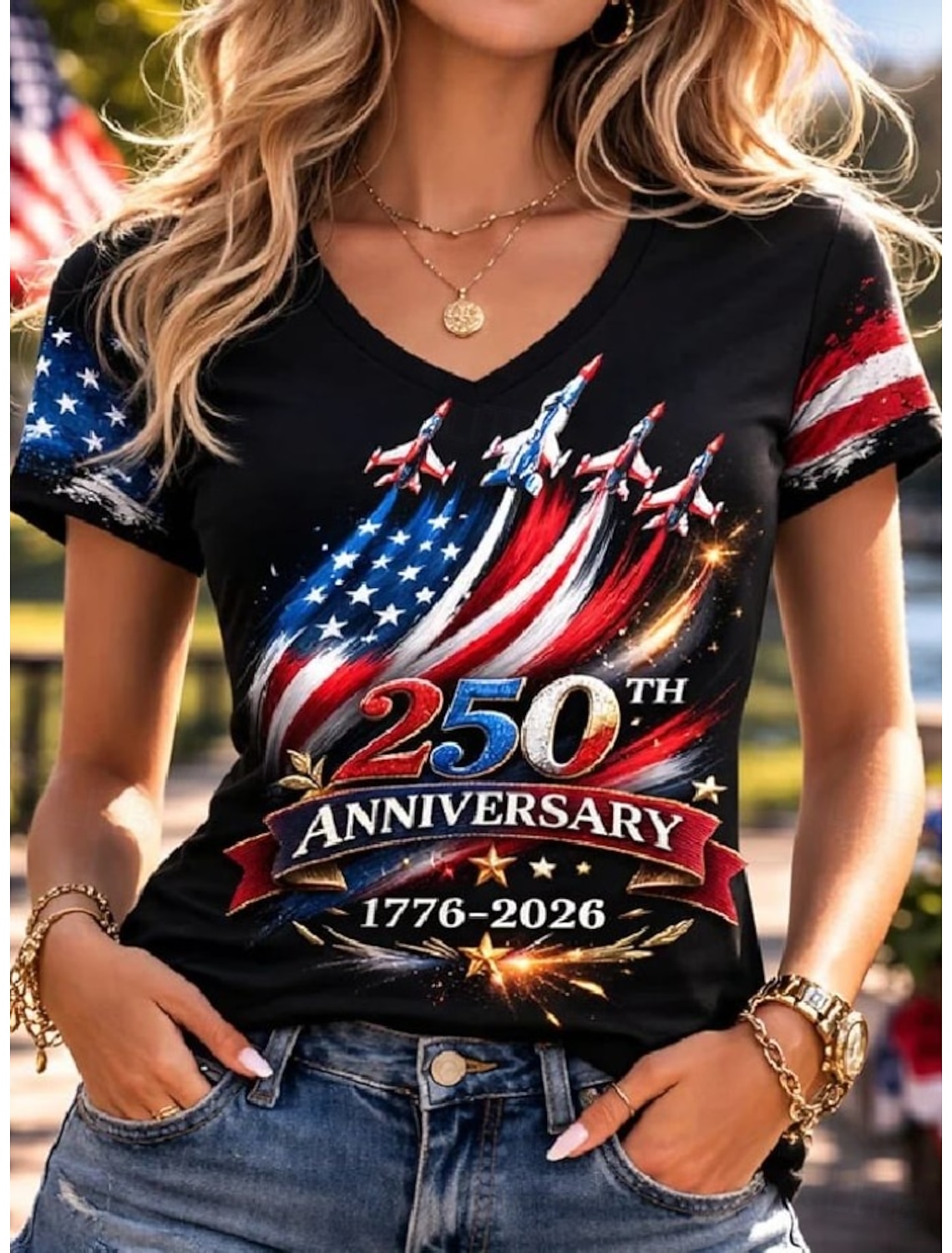 Independence Day American Anniversary Patriotic Women's T Shirt Print Graphic Flag Vintage Stylish Classic Short Sleeve V Neck Regular Tops Daily Blue Black White Red Summer Spring
