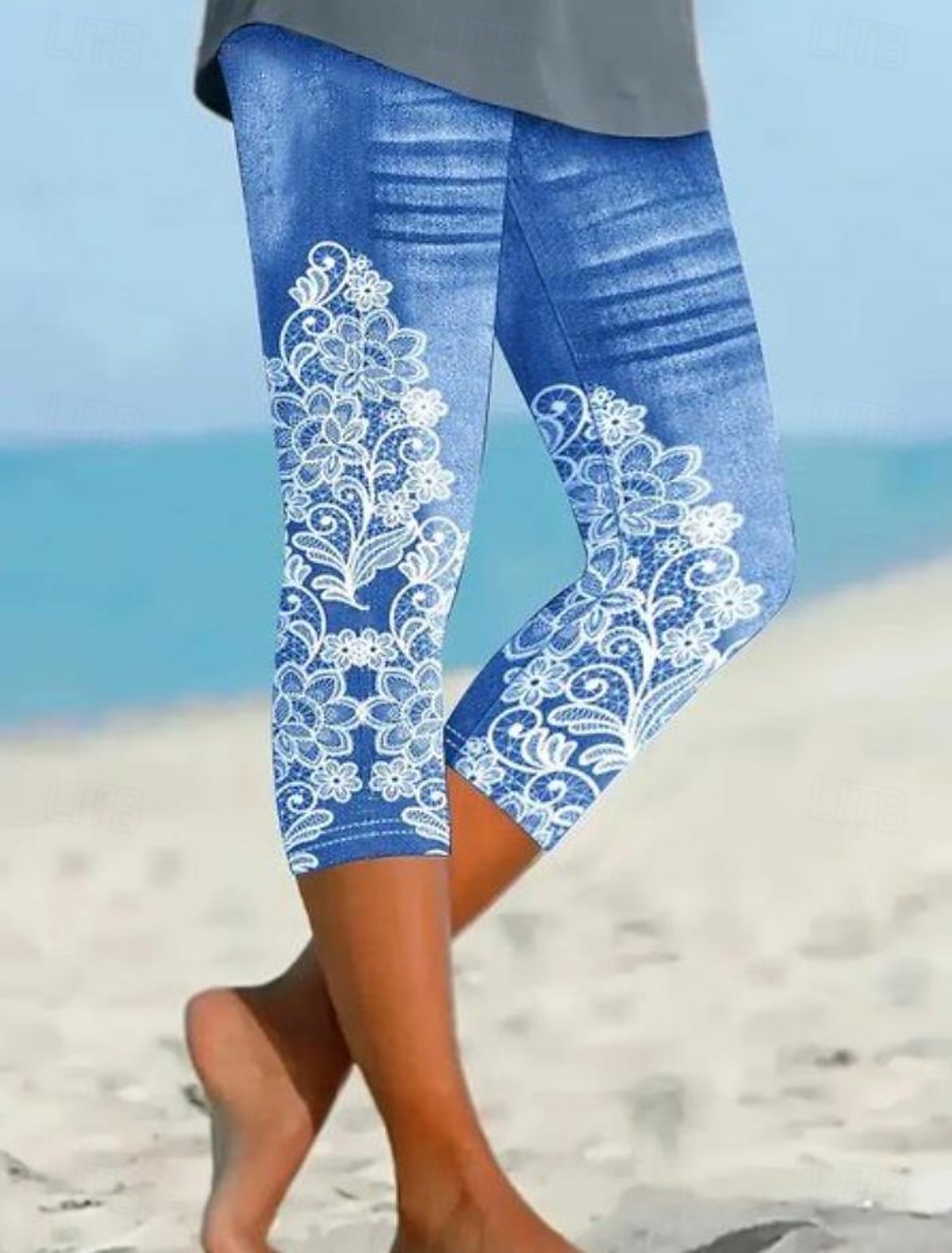 Women's Leggings Capri Pants High Elasticity Fashion Streetwear Full Length Mid Waist Floral Printing Thermal Warm Breathable Soft Outdoor Daily Beach Buff Black Blue Sky Blue Summer Spring