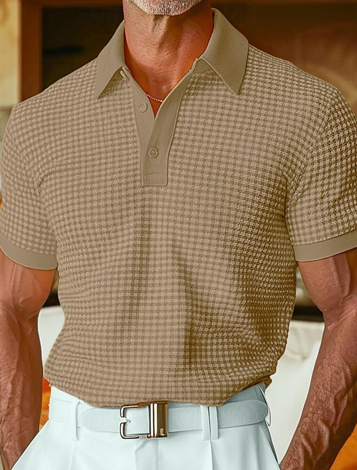 Men's Waffle Polo Shirts Textured Casual Holiday Lapel Ribbed Polo Collar Short Sleeve Fashion Basic Plain Buttons Soft Summer Spring Regular Fit White Yellow Burgundy Mint Green Green khaki Waffle