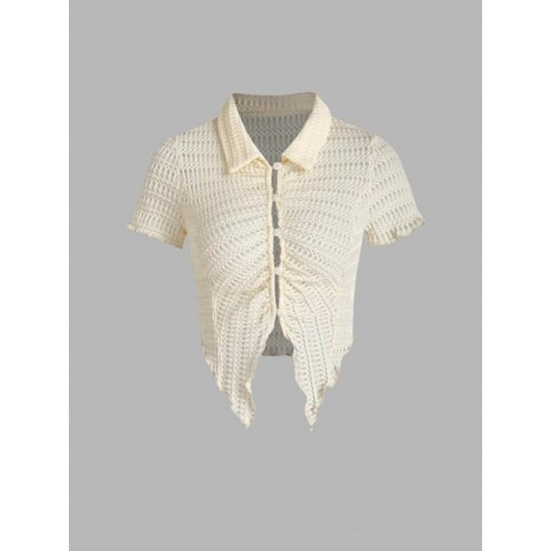 Textured Loop Button Scarf Hem Slit Top AI0668