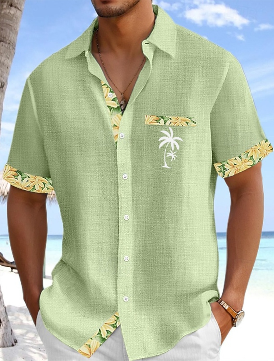 Men's Shirt Linen Shirt Summer Shirt Beach Shirt Button Up Shirt Coconut Tree Holiday Daily Wear White Pink Sky Blue Green Short Sleeve Turndown Summer Clothing Apparel Front Pocket