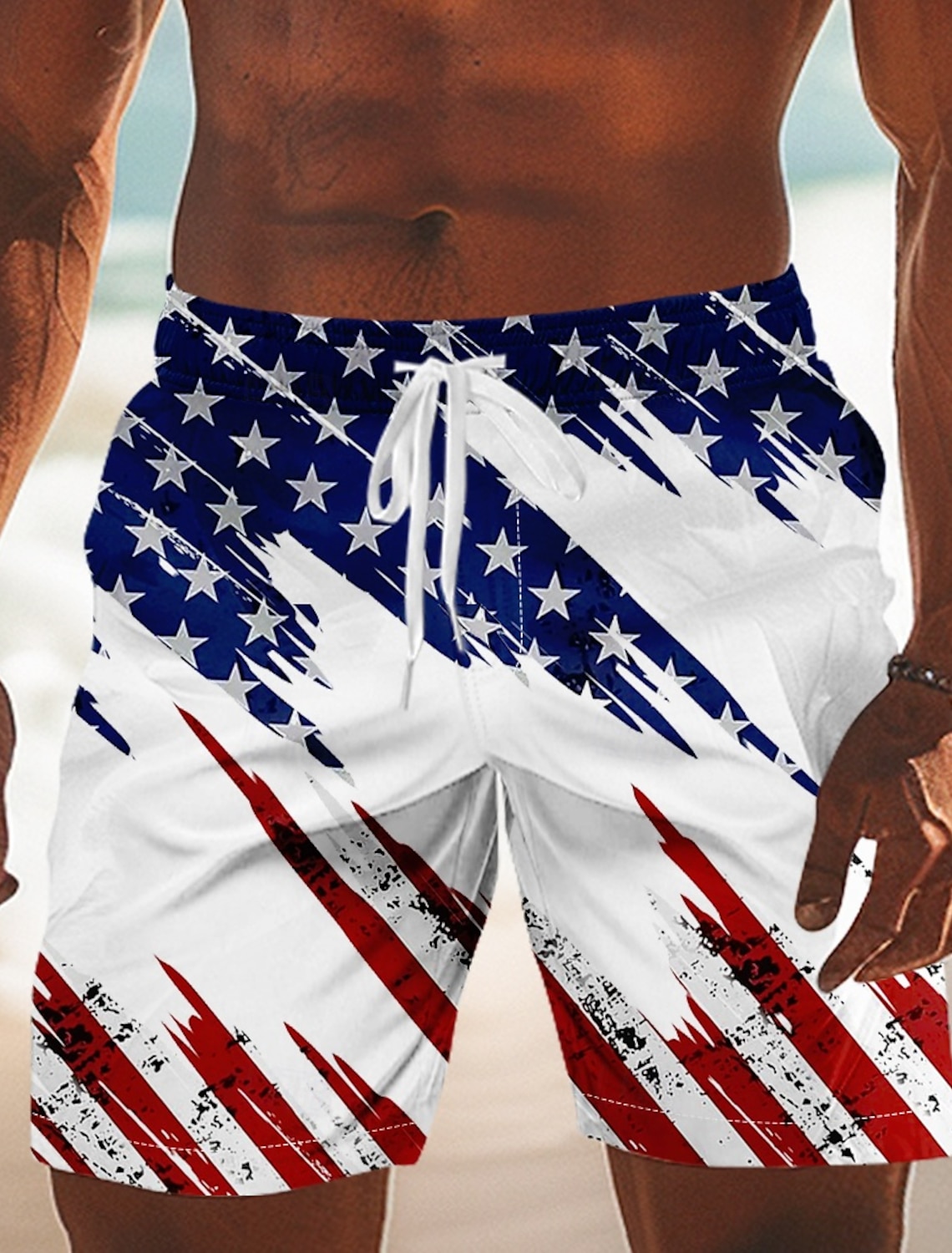 Men's 4th of July U.S. 250th Anniversary American Flag Swim Trunks Bathing Suits Swim Shorts Board Shorts Mid Waist Patriotic Holiday Side Pockets Mesh Lining Elastic Drawstring Waist Designer