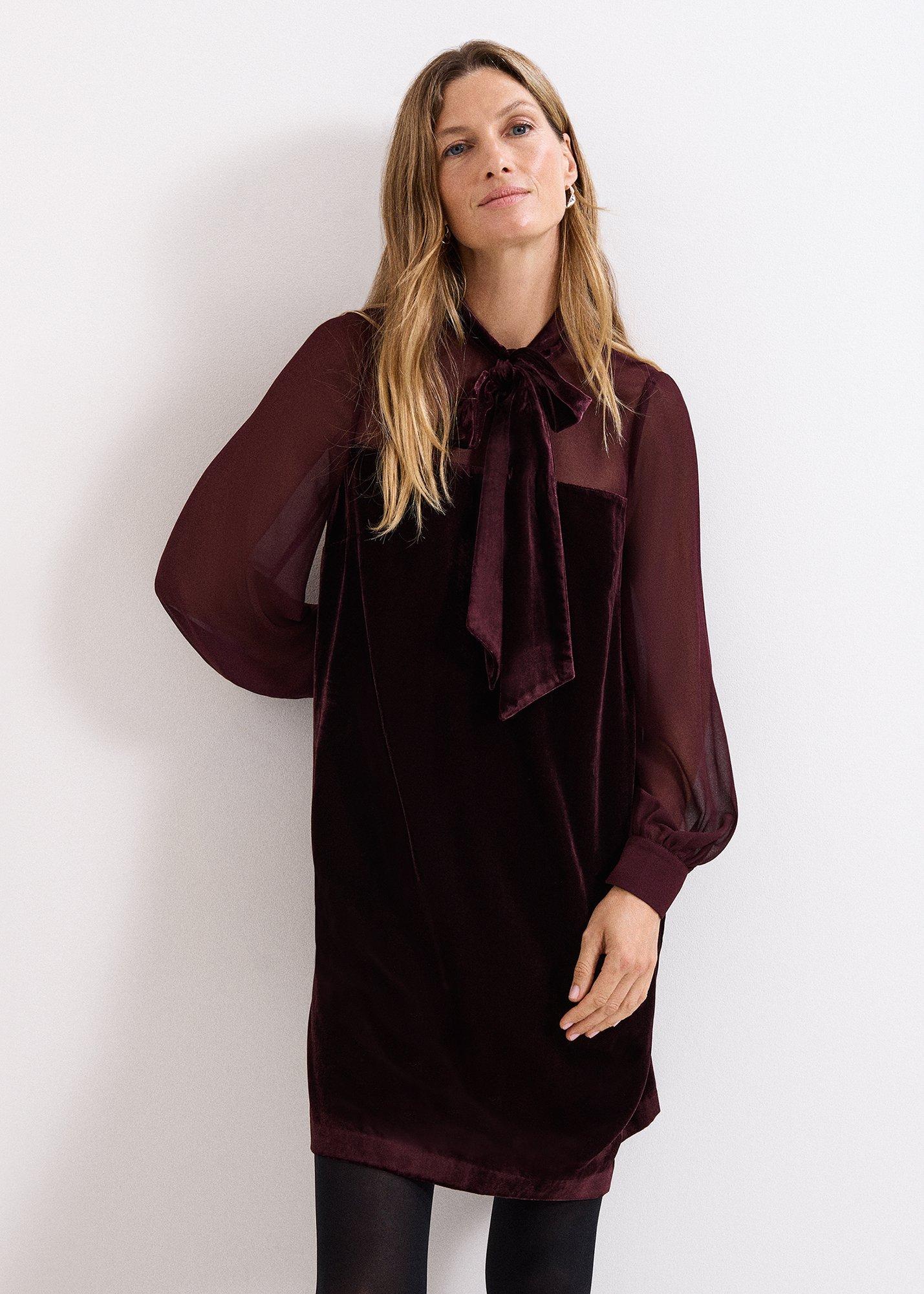Vinnie Burgundy Velvet Pussy Bow Dress