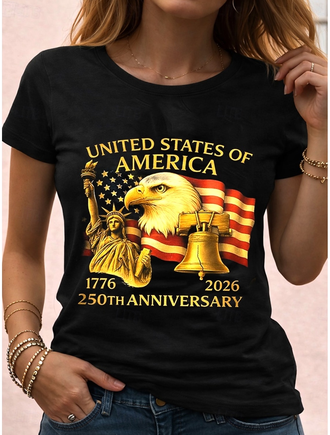 American Independence Day Women's T Shirt Print Graphic Letter American Flag Stylish Classic Casual Short Sleeve Crew Neck Regular Tops Daily Black Summer Spring