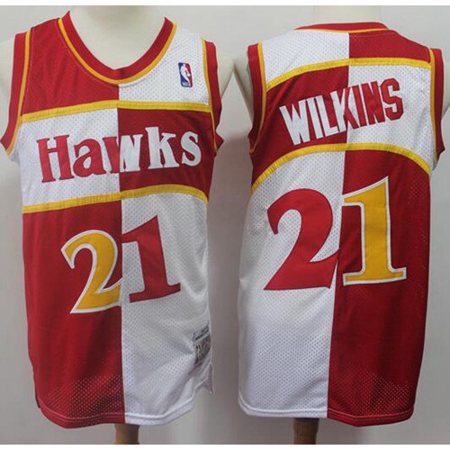 Mitchell And Ness Split Fashion Atlanta Hawks #21 Dominique Wilkins Red/White Stitched NBA Jersey Mens