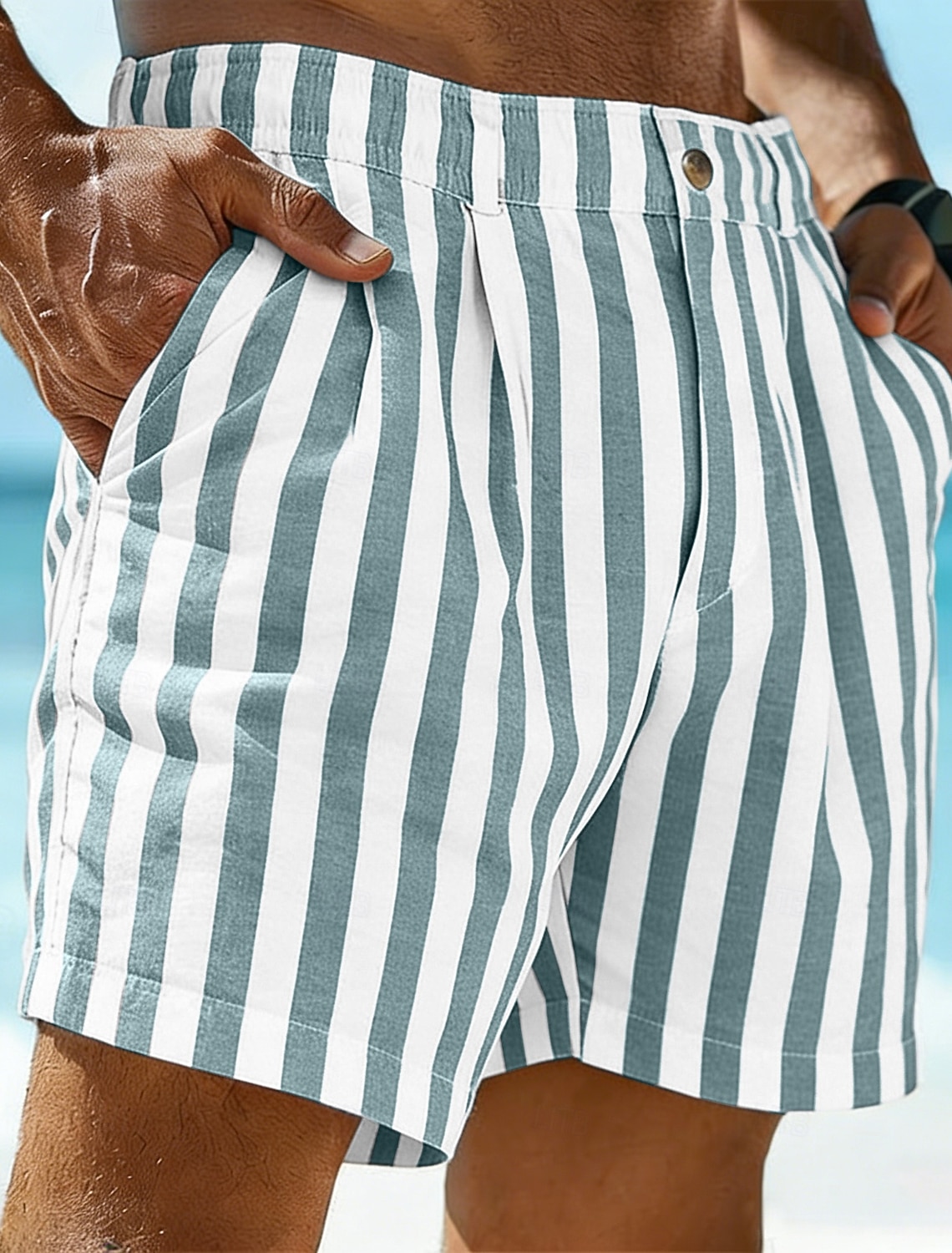 Men's Shorts Linen Summer Beach Pocket Elastic Waist Striped Comfort