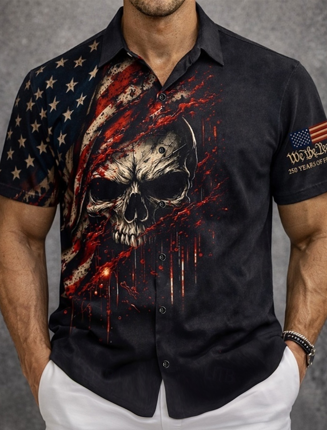 Men's Skull 4th of July U.S. 250th Anniversary US Flag Shirt Button Up Shirt Short Sleeve Patriotic Outdoor Holiday Summer Spring Turndown 3D Print Collared Shirts Black Dark Red Dark Blue