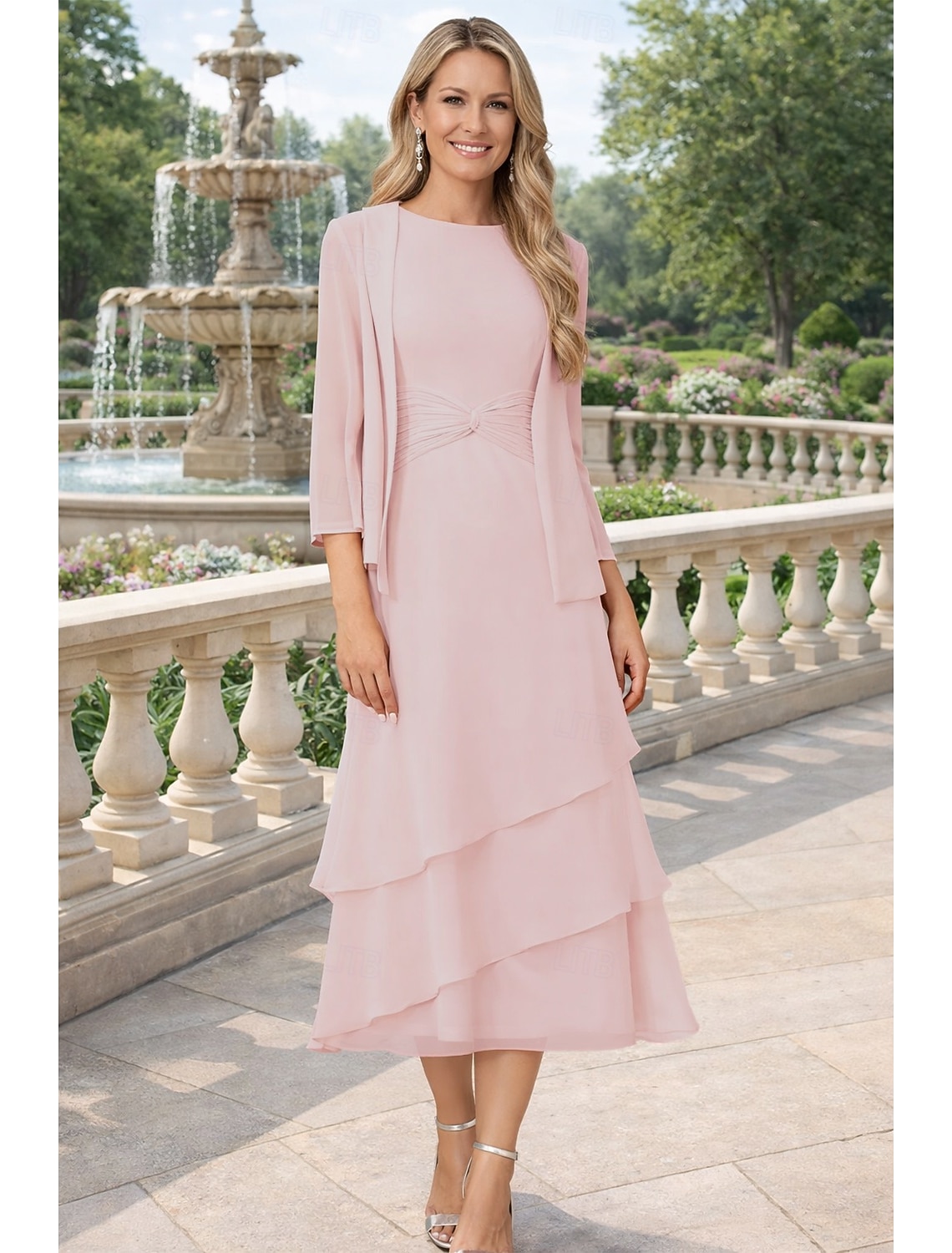 Two Piece Sheath Column Tea Length Wedding Guest Dress Mother of the Bride Dress 3/4 Length Sleeve Crew Neck Jewel Neck Elegant Wedding Guest Chiffon Wrap Included with Ruching