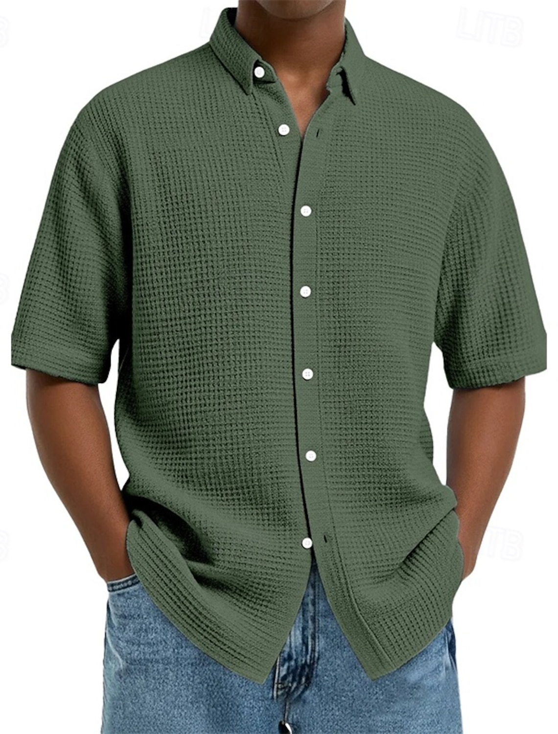 Men's Shirt Waffle Texture Casual Button Up Black White Wine Navy B #1