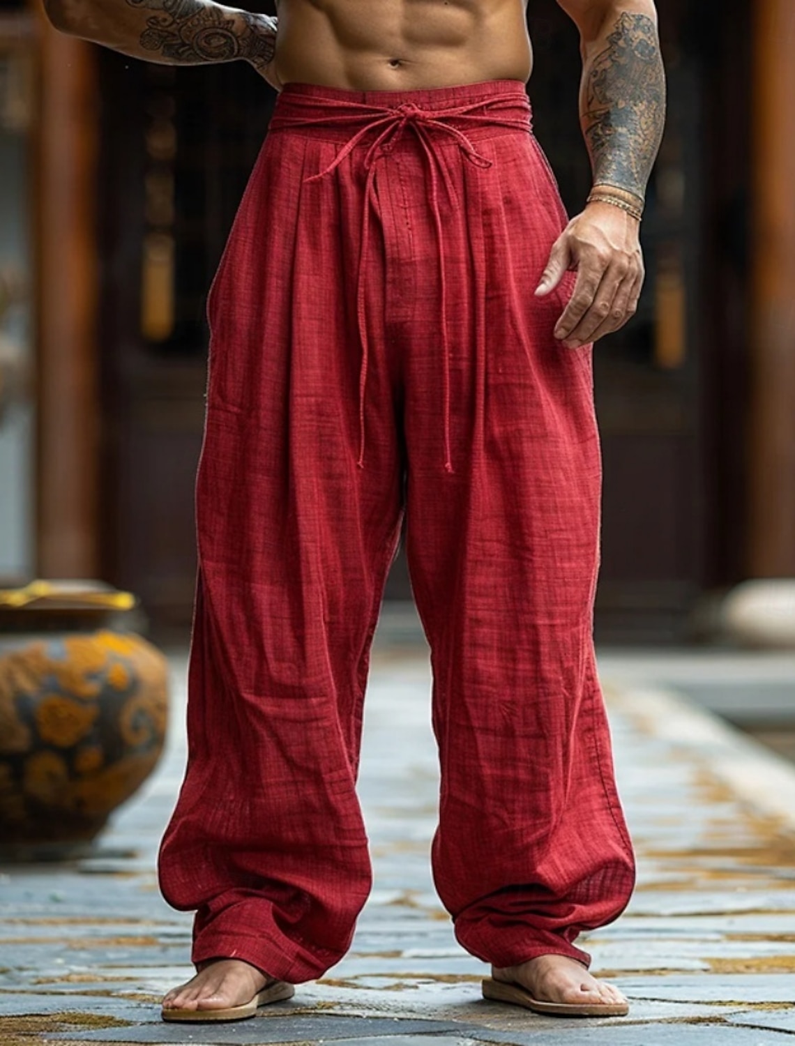 Men's Cotton Linen Pants Trousers Summer Pants Baggy Pants Beach Pants Drawstring Elastic Waist Solid Color Plain Comfort Breathable Daily Outdoor Beach Vacation Fashion Red Inelastic