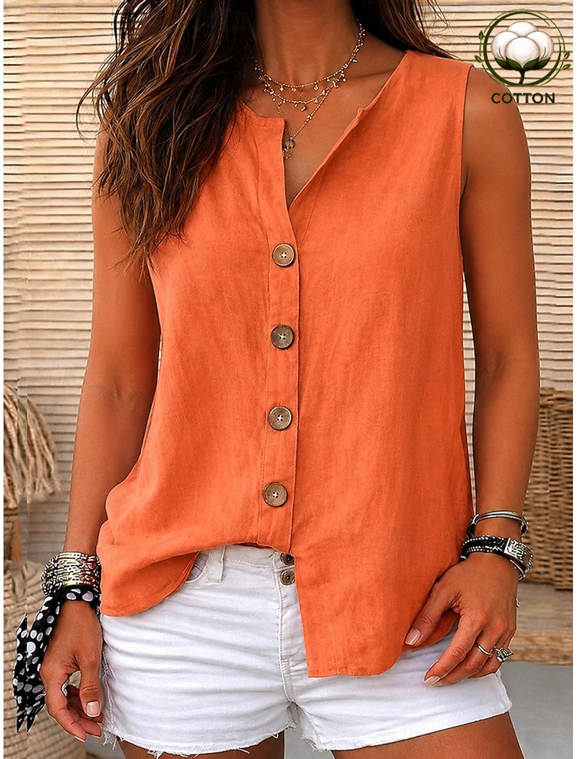 Women's Cotton Linen Blouse Buttons Solid Color Vacation Daily Casual Sleeveless 3/4 Length Sleeve V Neck Regular Tops Casual Daily Going out Khaki Red Orange Green Summer Spring Fall