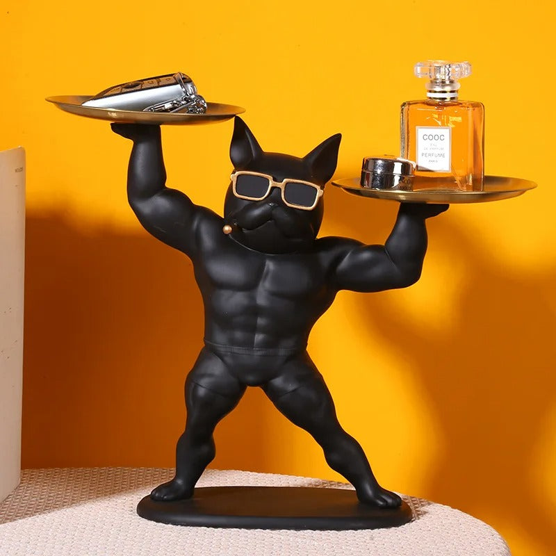 Minimal-Aesthetic Muscle Frenchie Butler Statue – Dual Tray French Bu...
