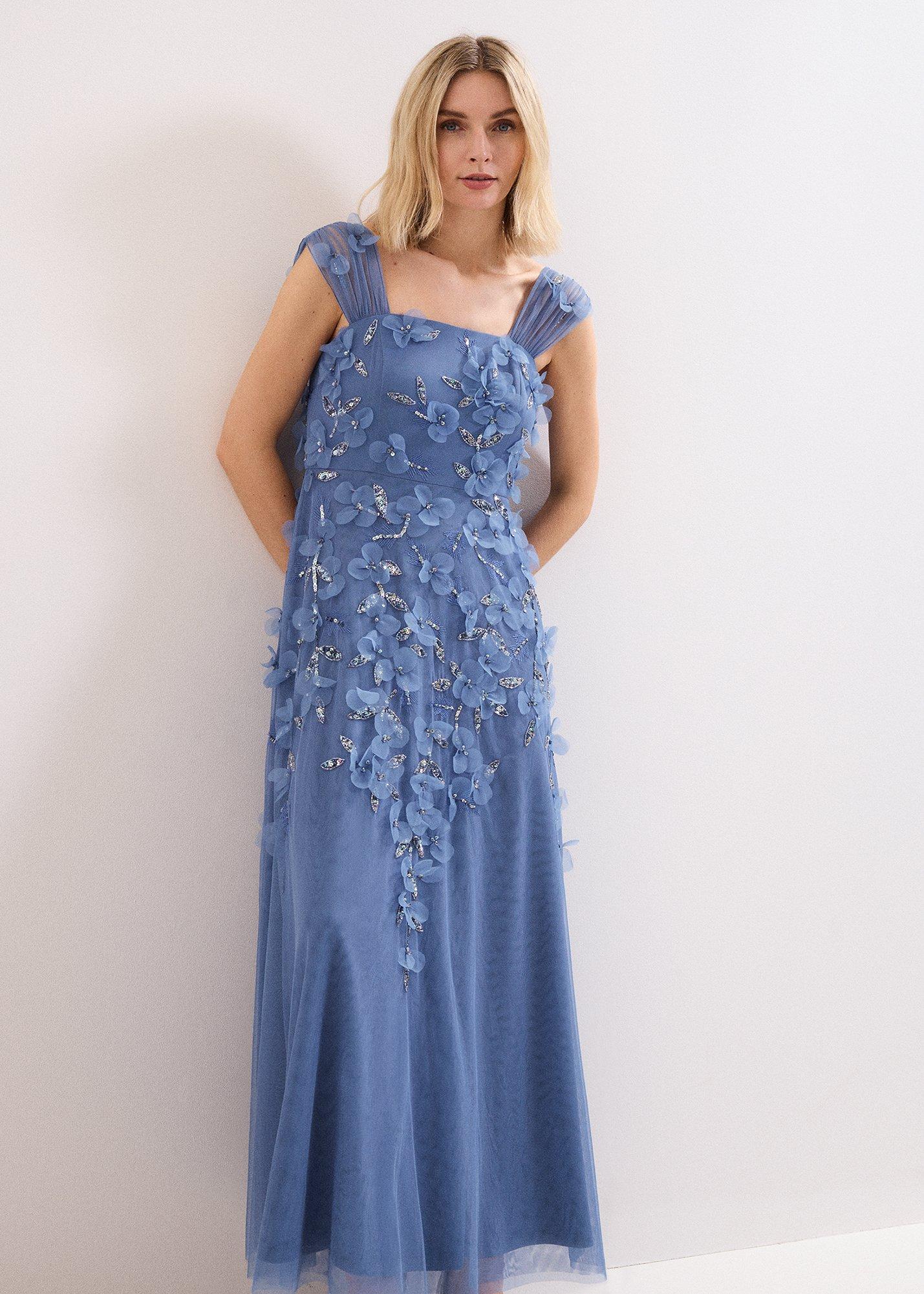 Petite Azera Blue Beaded Midi Dress