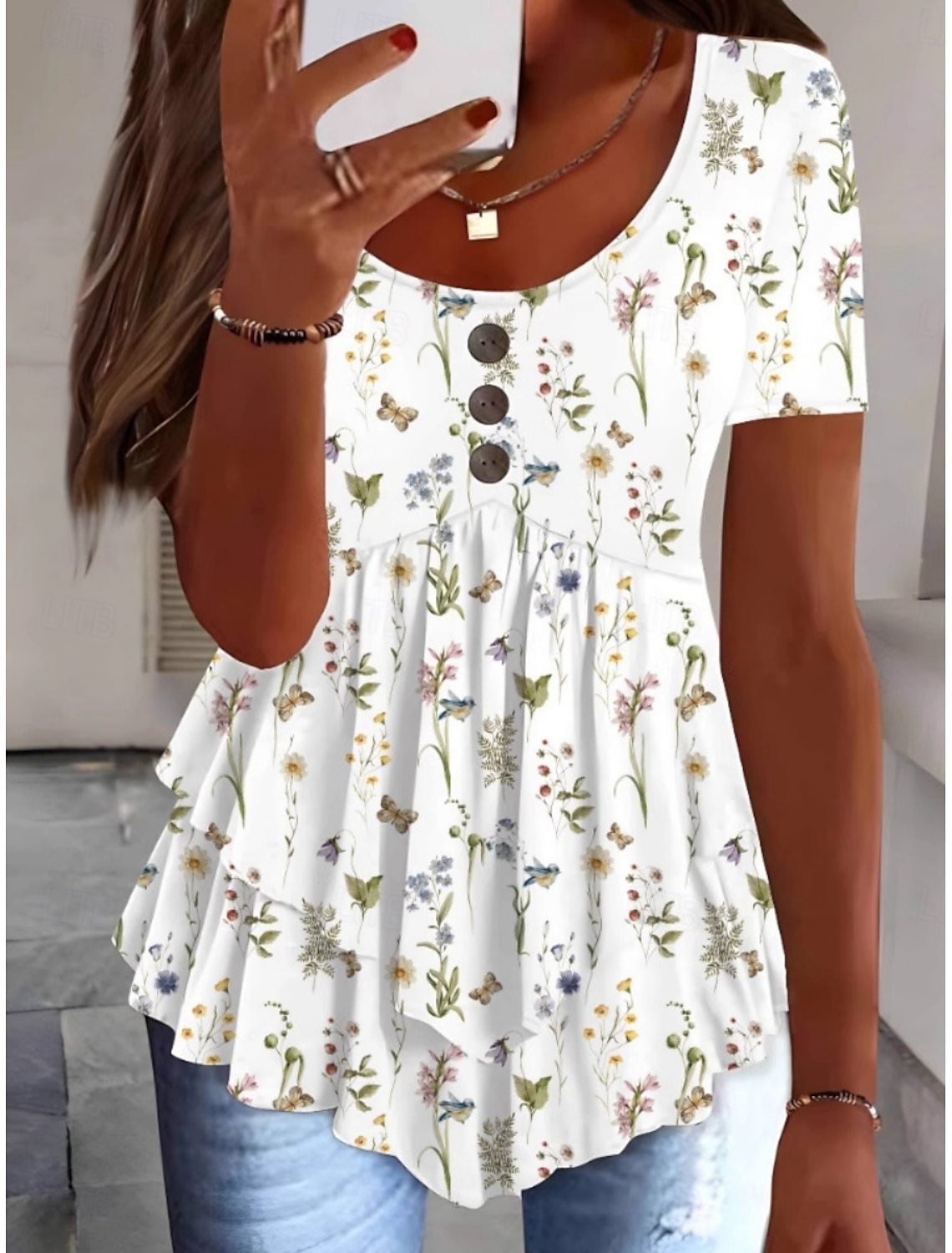 Women's Blouse Peplum Floral Stylish Casual Short Sleeve Crew Neck Regular Tops Daily Ruffle Buttons Print White Pink Red Navy Blue Blue Summer Spring