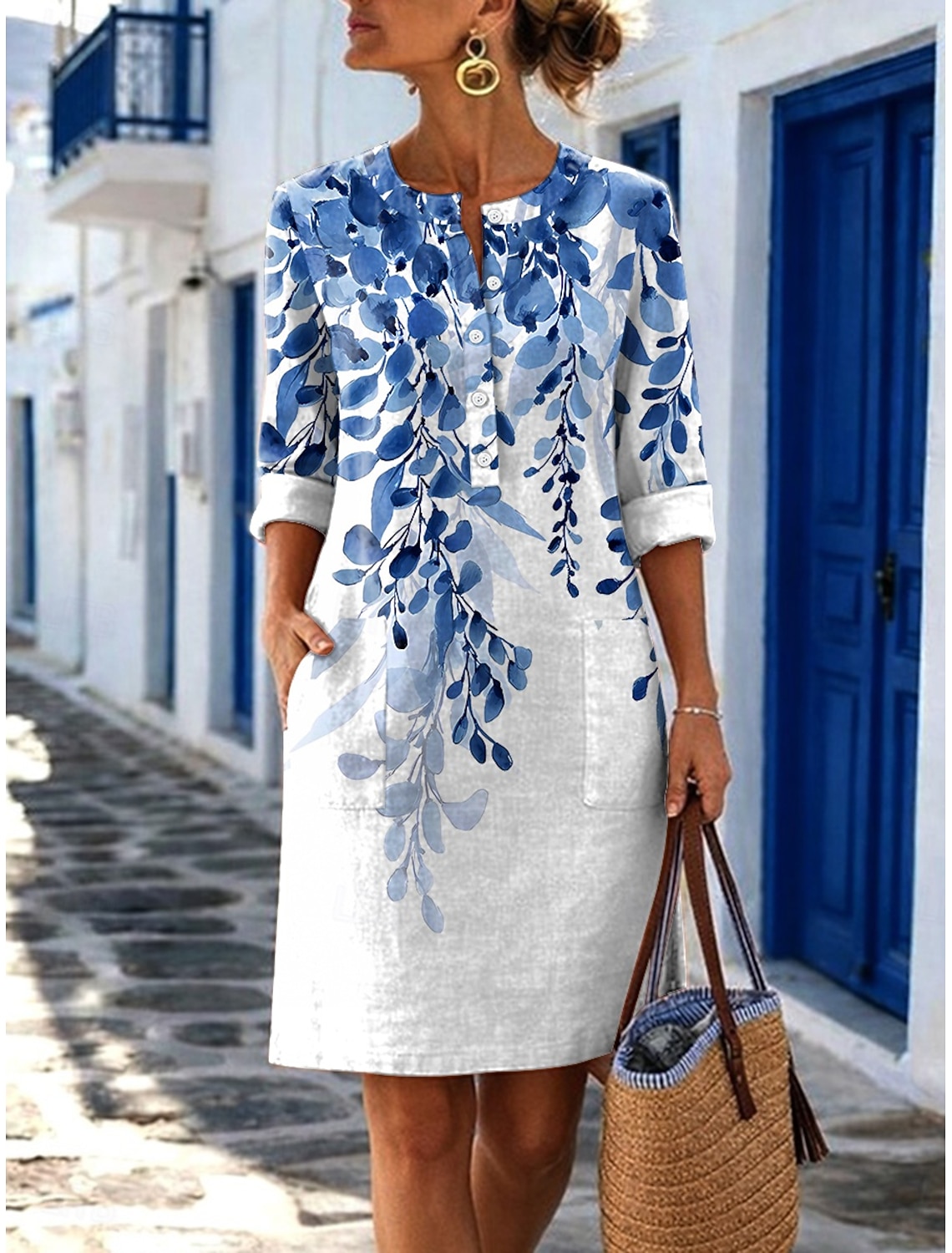 Women's Midi Dress Linen-feel Dresses Shift Dress Casual Daily Regular Fit Plain Long Sleeve Crew Neck Blue Black White Royal Blue Summer Spring Fall