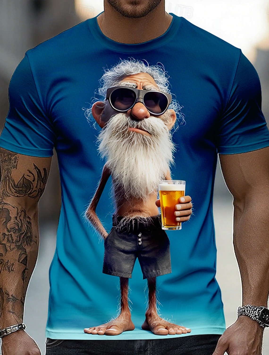 Funny 3D Graphic Cool Old Man with White Beard & Sunglasses Men's Teal T-Shirt - Quirky Grandpa Caricature Design Short Sleeve Crew Neck Summer Beach Holiday Tee - Unique Father's Day Gift Apparel