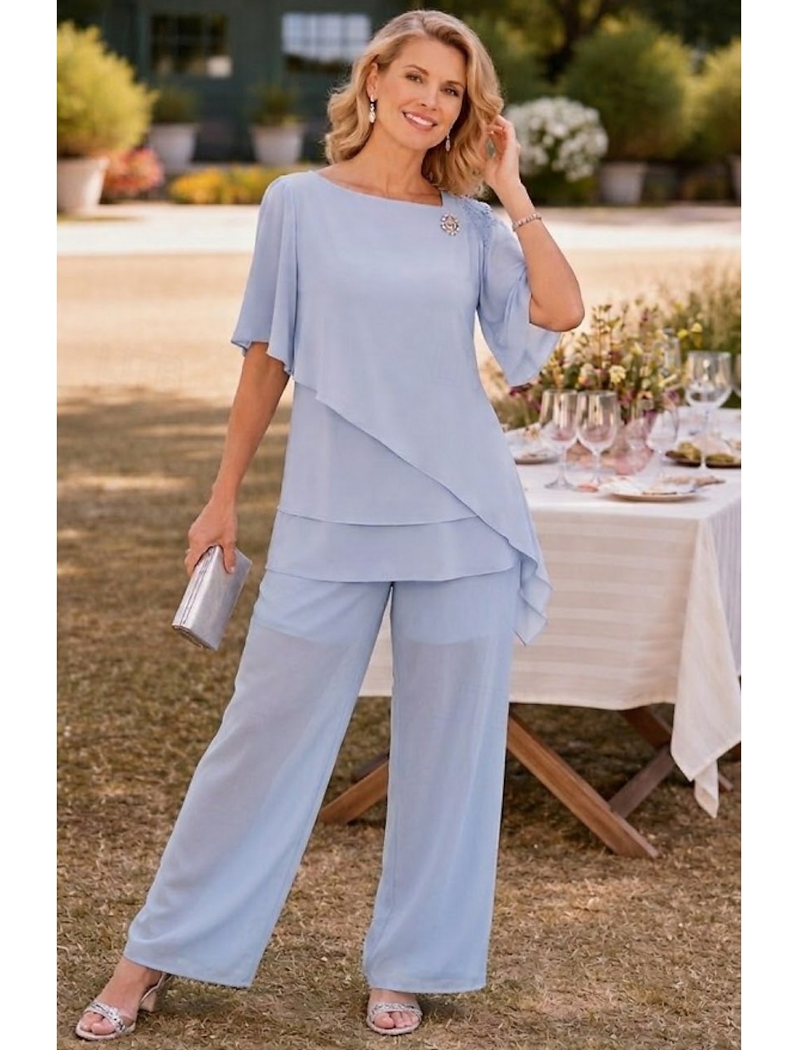 Women's Two Piece Sets Chiffon Short Sleeve Butterfly Sleeve Square Neck Solid Color Plain Layered Elegant Formal Wedding Guest Casual Daily Blue Sky Blue Summer Regular Fit