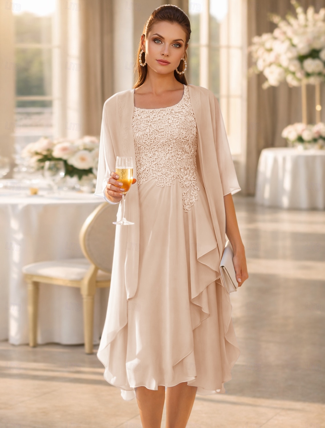 Two Piece A-Line Knee Length Wedding Guest Dress Mother of the Bride Dress Sleeveless Scoop Neck Elegant Wedding Guest Wedding Party Chiffon Lace Jacket Dresses with Pleats Appliques