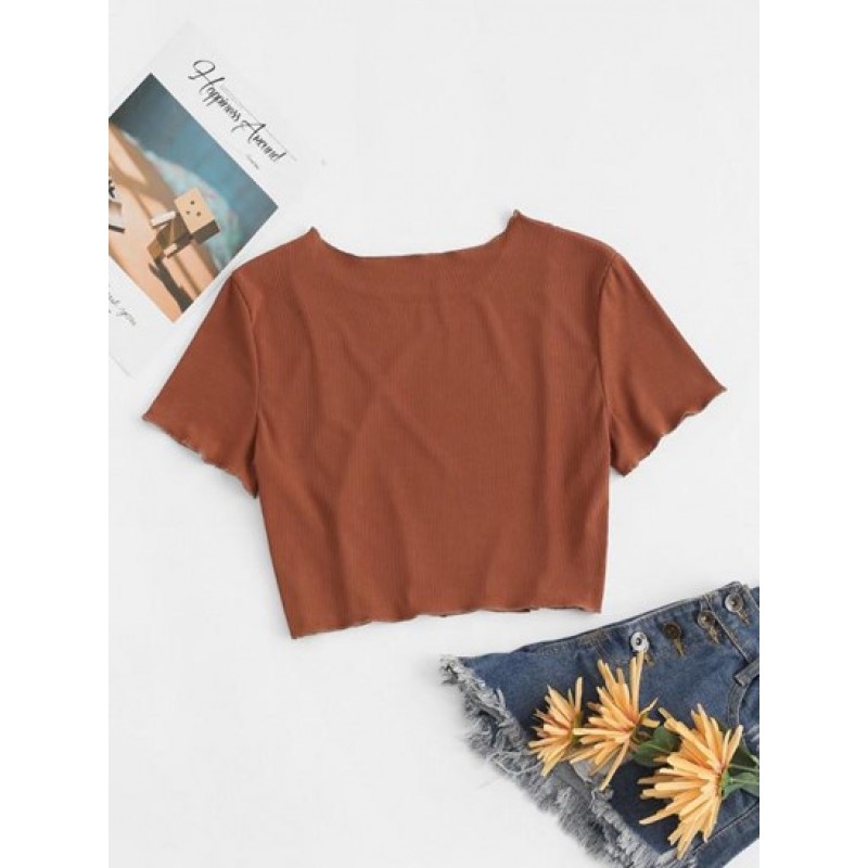 Ribbed Topstitching Crop T Shirt AA0200