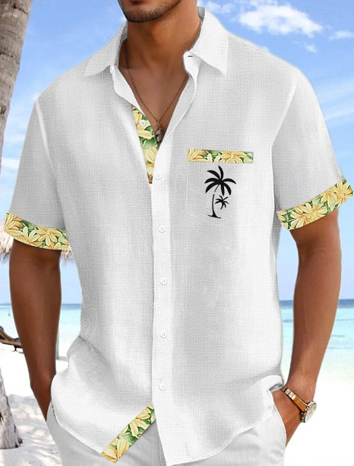Men's Shirt Linen Shirt Summer Shirt Beach Shirt Button Up Shirt Coconut Tree Holiday Daily Wear White Pink Sky Blue Green Short Sleeve Turndown Summer Clothing Apparel Front Pocket