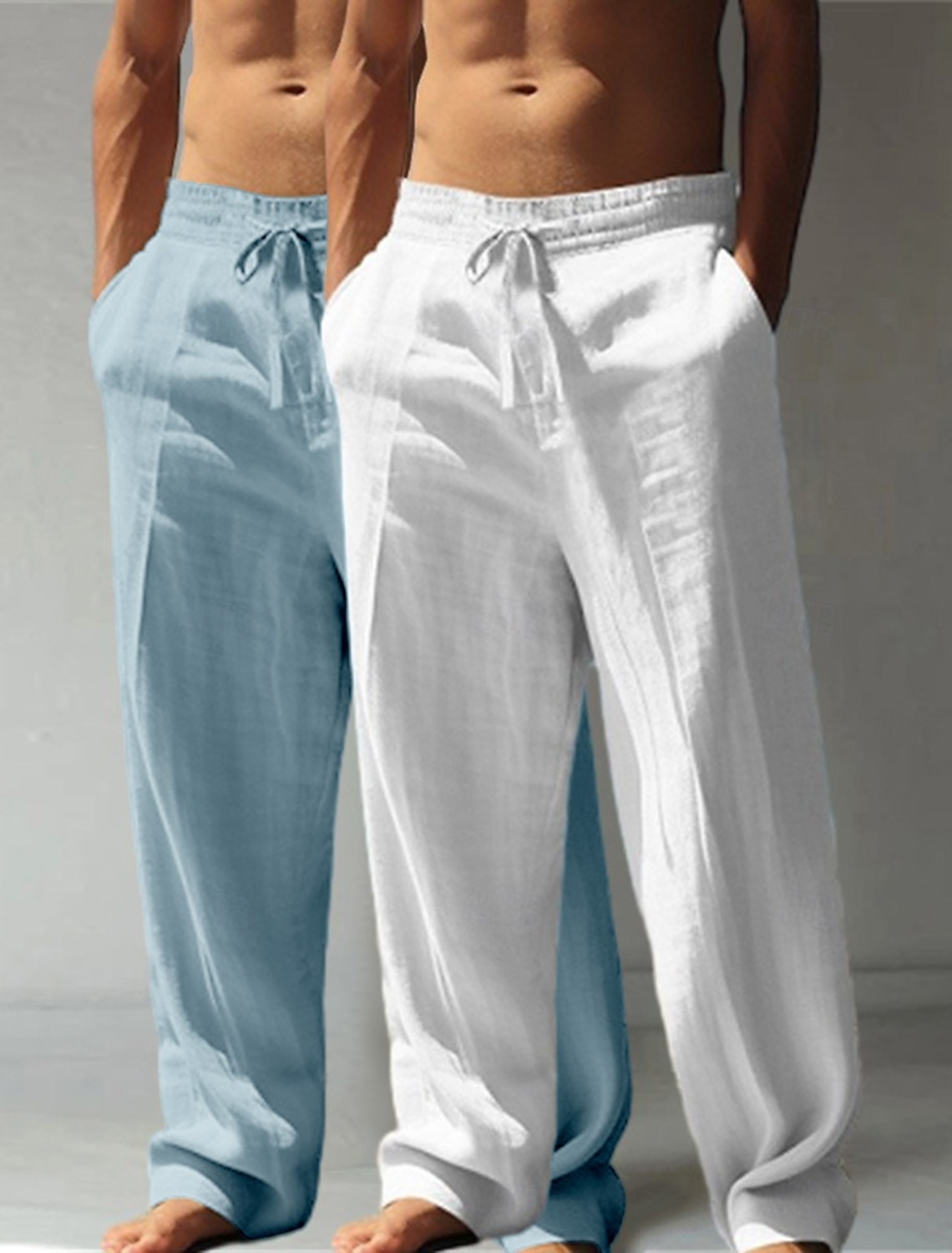 Men's Linen Pants Trousers Summer Baggy Beach Drawstring Elastic Waist