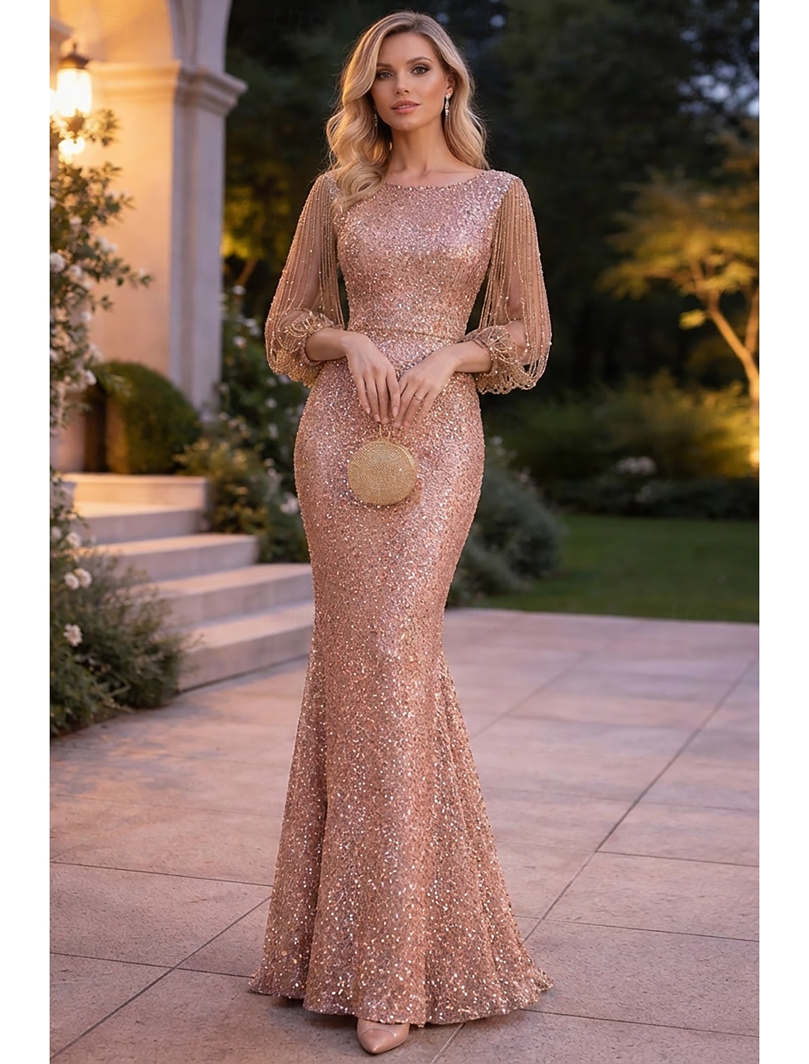 Sheath Evening Gown Elegant Sparkle & Shine Petite Jewel Neck Floor Length Sequined 3/4 Length Sleeve with Solid Color dress to impress