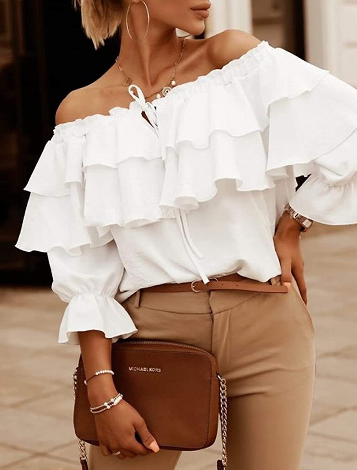 Shirt Blouse Women's Solid / Plain Color Lace up Ruffle Daily Fashion Off Shoulder Regular Fit S