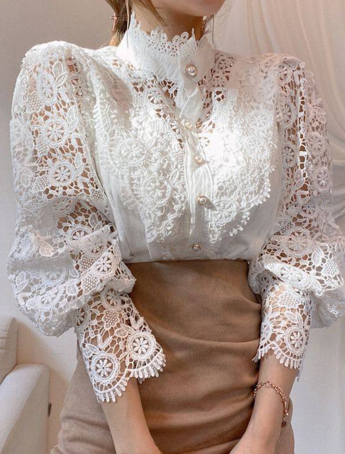 Women's Shirt Lace Shirt Going Out Tops Blouse Elegant Vintage Fashion Lace up Long Sleeve Regular Tops Party Club Spring Fall