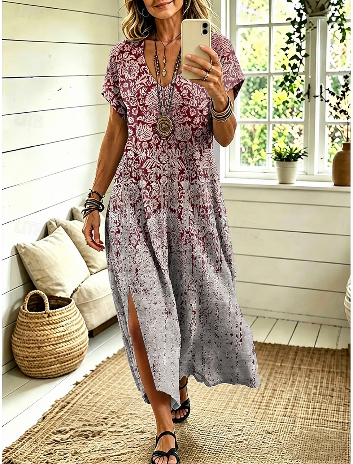 Women's Midi Dress A Line Dress Casual Loose Fit Floral Abstract Short Sleeve V Neck Blue Red Sky Blue Green Summer Spring