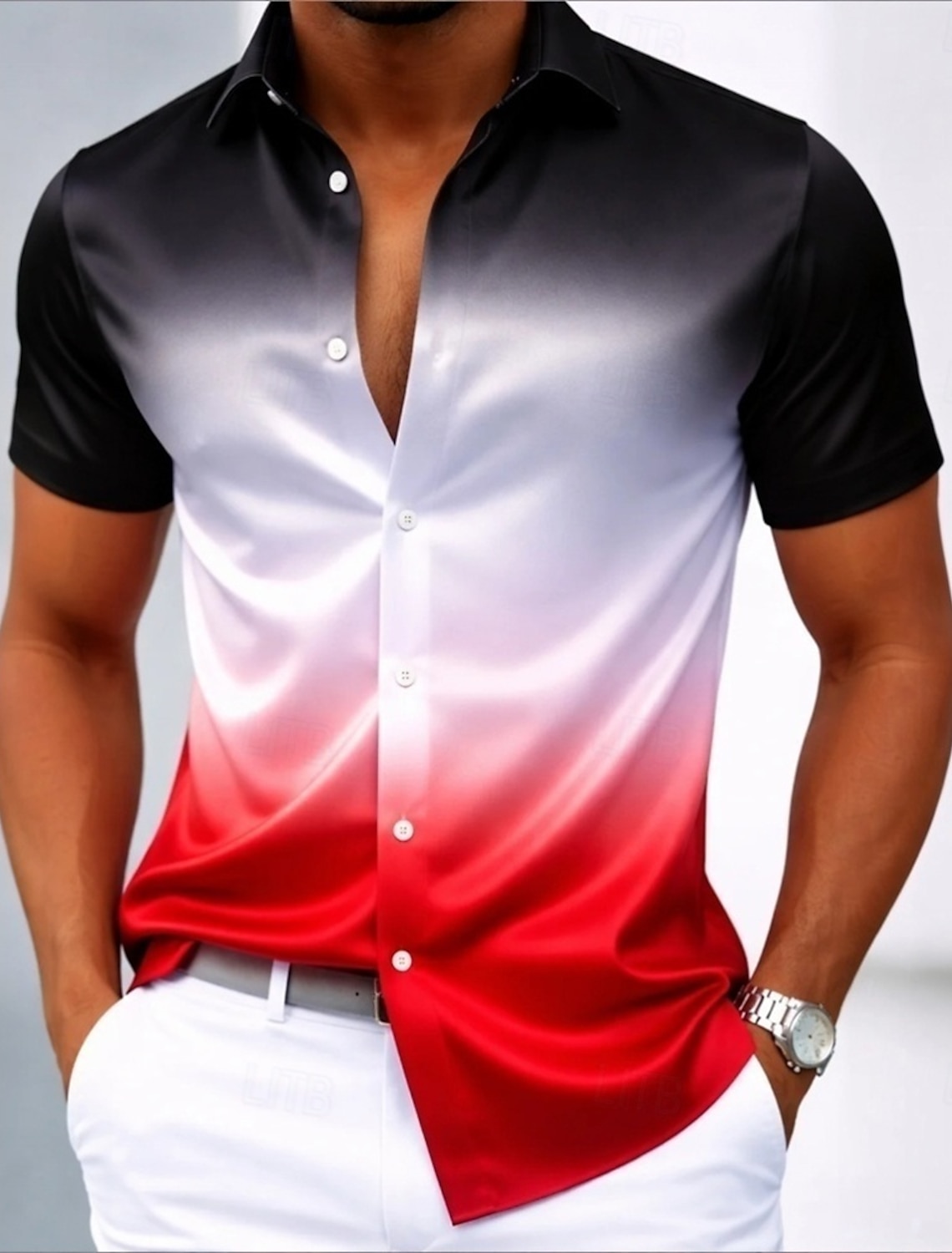 Men's Gradient Color Shirt Satin Dress Short Sleeve Fashion Casual