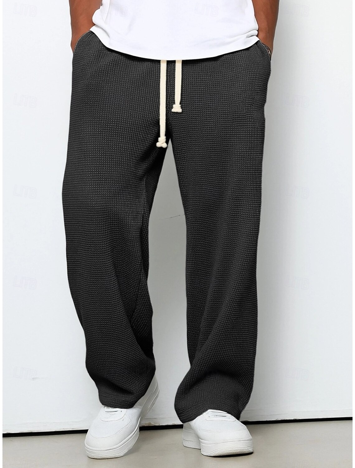Men's Straight Leg Sweatpants Waffle Pants Drawstring Lattice