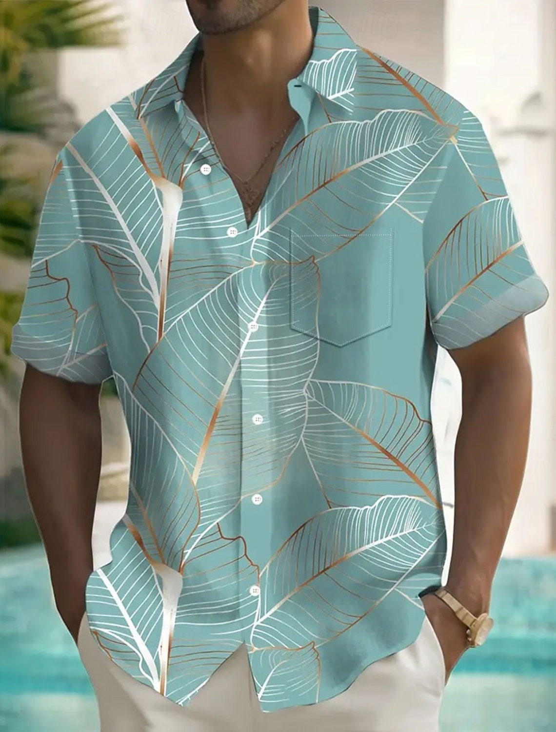 OUKU Men's Palm Leaf Tropical Plants Summer Hawaiian Shirt Button Up Shirt Short Sleeve Hawaiian Resort Vacation Holiday Beach Wear Summer Spring Turndown Collared Shirts Front One Pocket Pink Blue