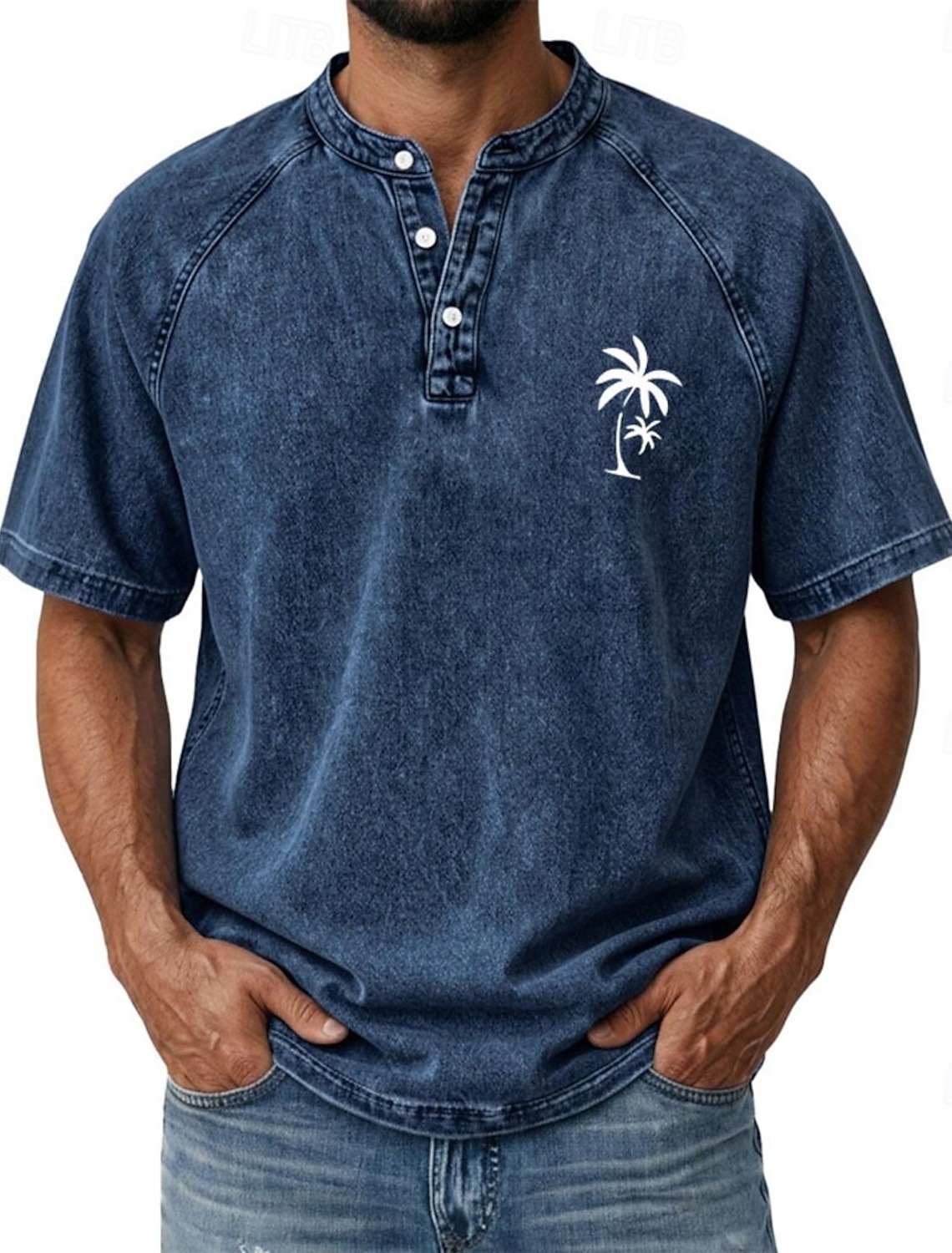 SoftFade™ Men's Coconut Tree T Shirt Demin Shirt 100% Cotton Acid Wash Shirt Short Sleeve Vintage Streetwear Casual Home Street Summer Spring Black Light Green Light Blue Stand