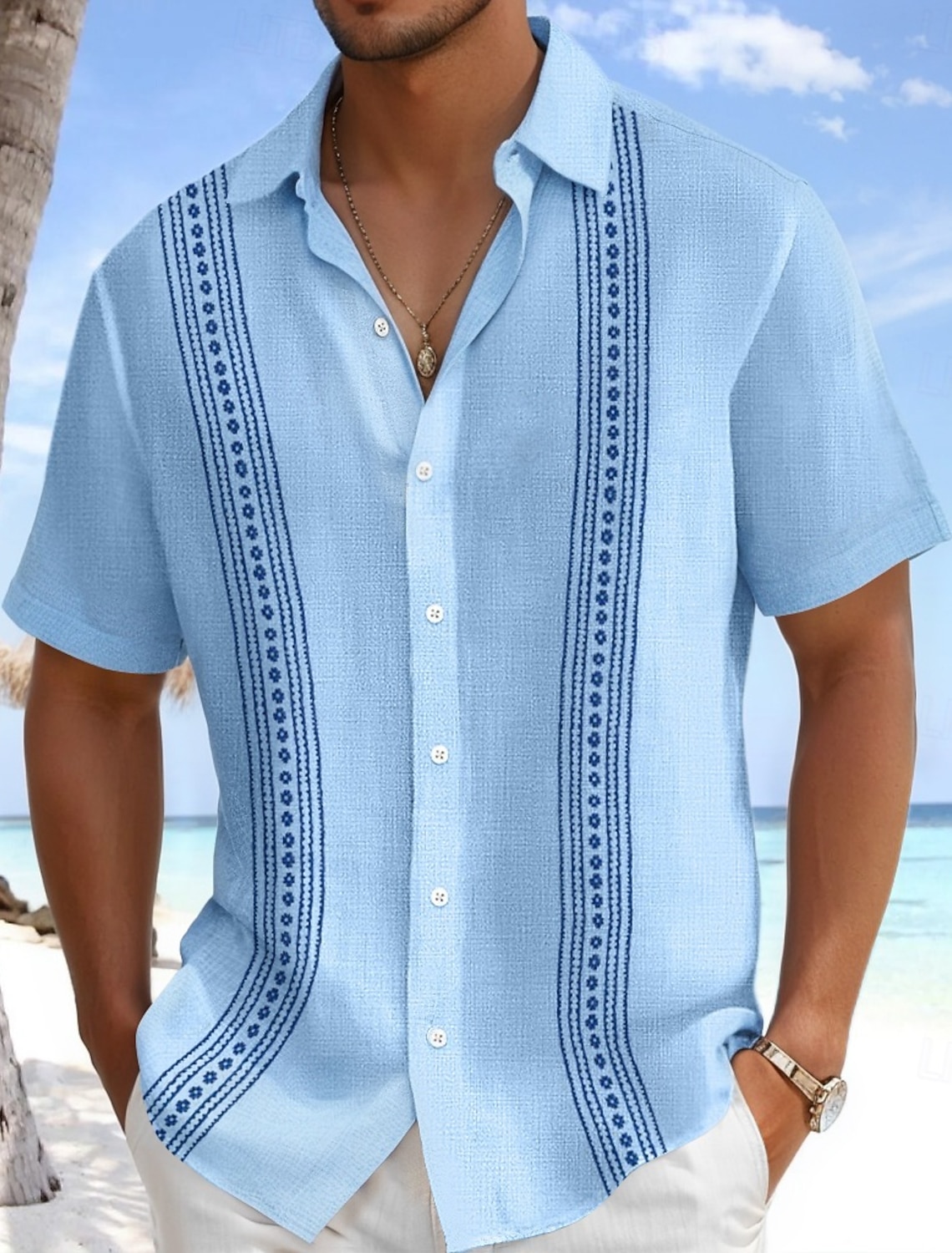 Men's Shirt Linen Guayabera Summer Beach Wear Plain Casual Daily Blue
