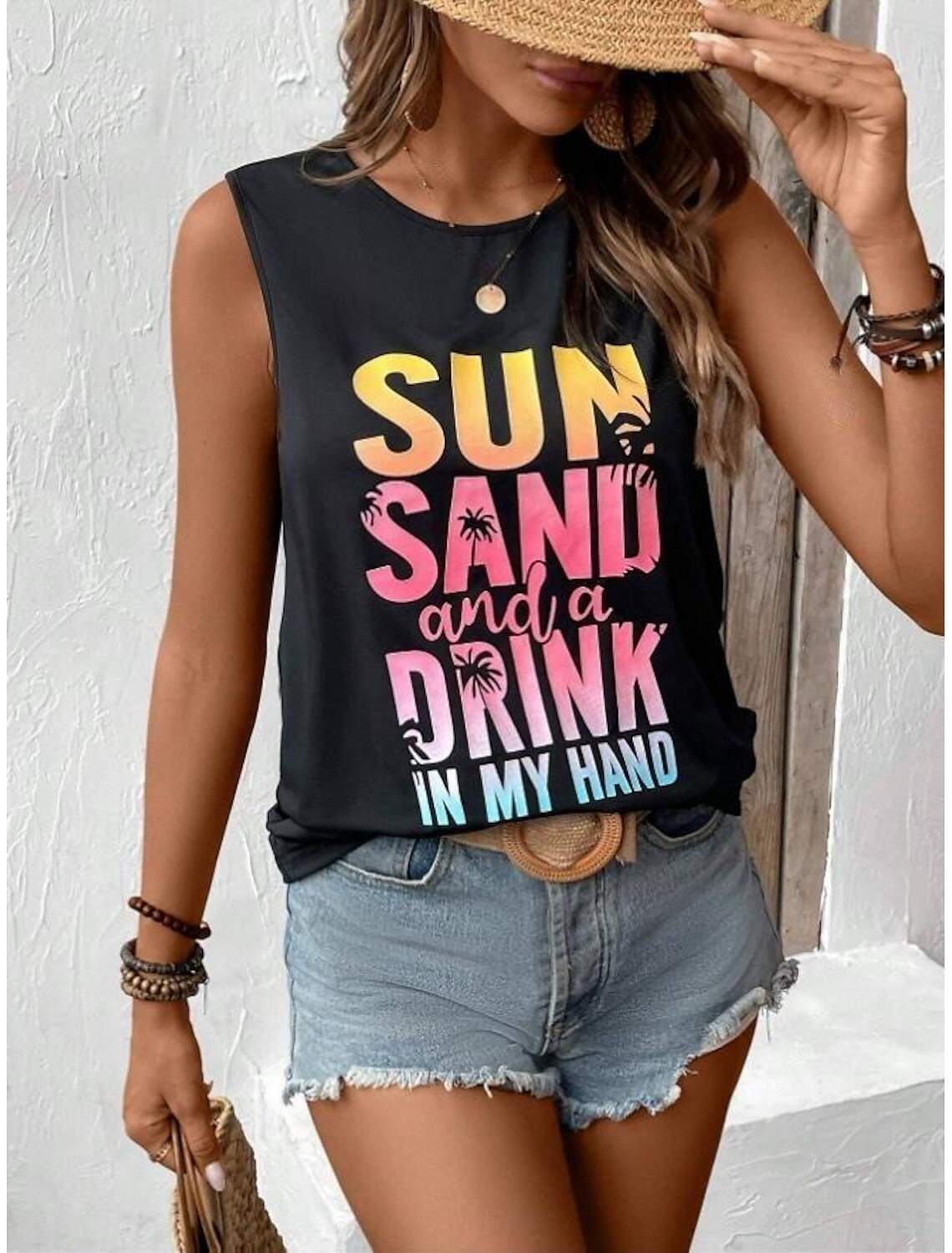 Women's Tank Top Vest Vacation Tropical Fashion Letter Print Sleeveless Regular Tops Crew Neck Casual Summer