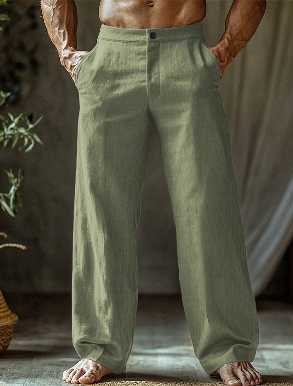 Men's Linen Pants Trousers Summer Pants Beach Pants Buttons Pocket Straight Leg Plain Comfort Breathable Vacation Daily Holiday Hawaiian Boho Black White