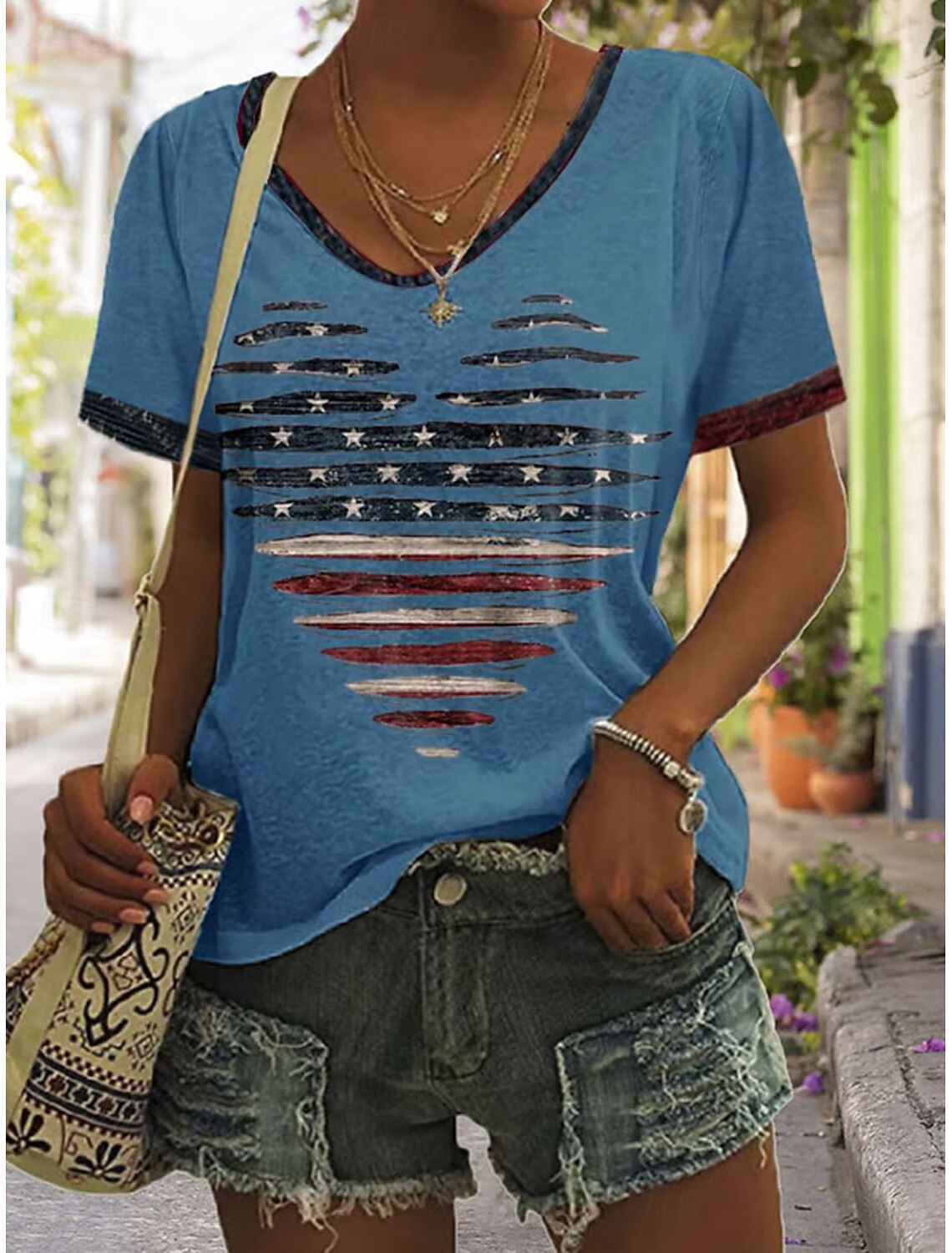 American Independence Day Women's T Shirt Print Graphic Letter American Flag Stylish Classic Casual Short Sleeve V Neck Regular Tops Casual Daily Blue White Gray Summer Spring