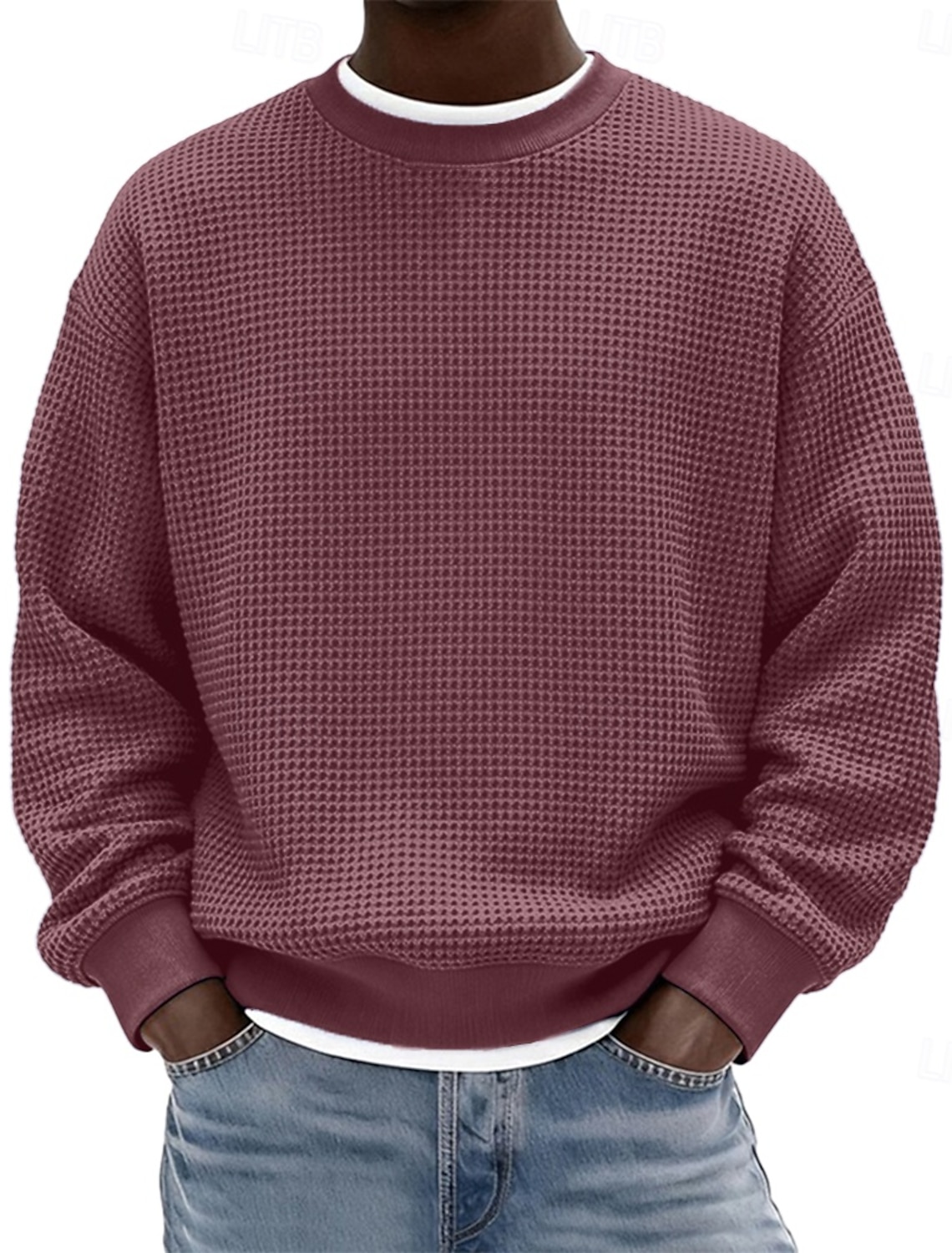 Men's Sweatshirt Waffle Sweatshirt Pullover Hoodie Sweatshirt Wine Red Black White Light Green Navy Blue Crew Neck Plain Textured Casual Daily Sports & Outdoor Polyester Streetwear Cool Sportswear