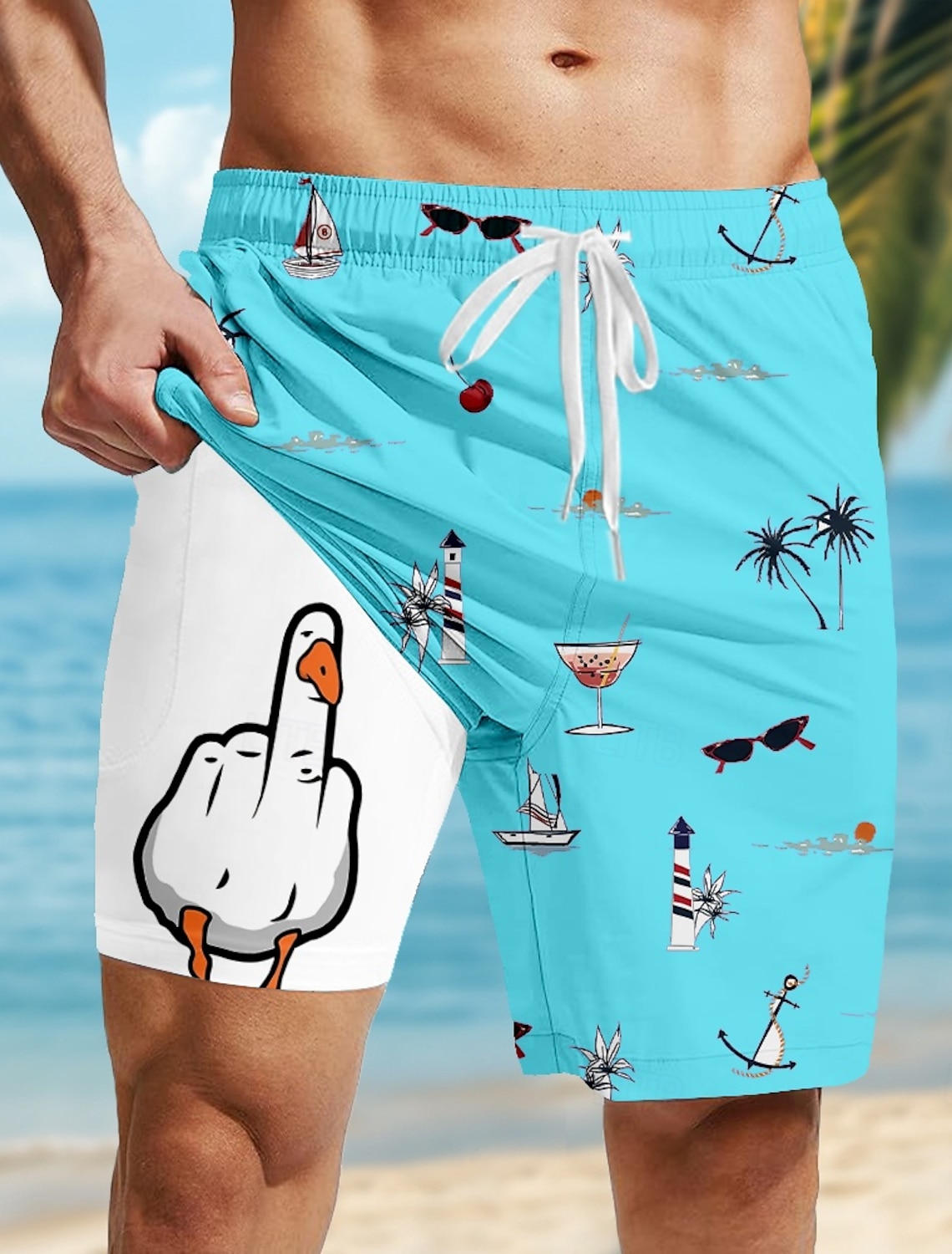 Men's Coconut Tree Funny Duck Lined Shorts 2 in 1 Board Shorts Swim Shorts Mid Waist Hawaiian Vacation Beach Wear Side Pockets With Compression Liner Elastic Drawstring Waist Designer Clothing Apparel