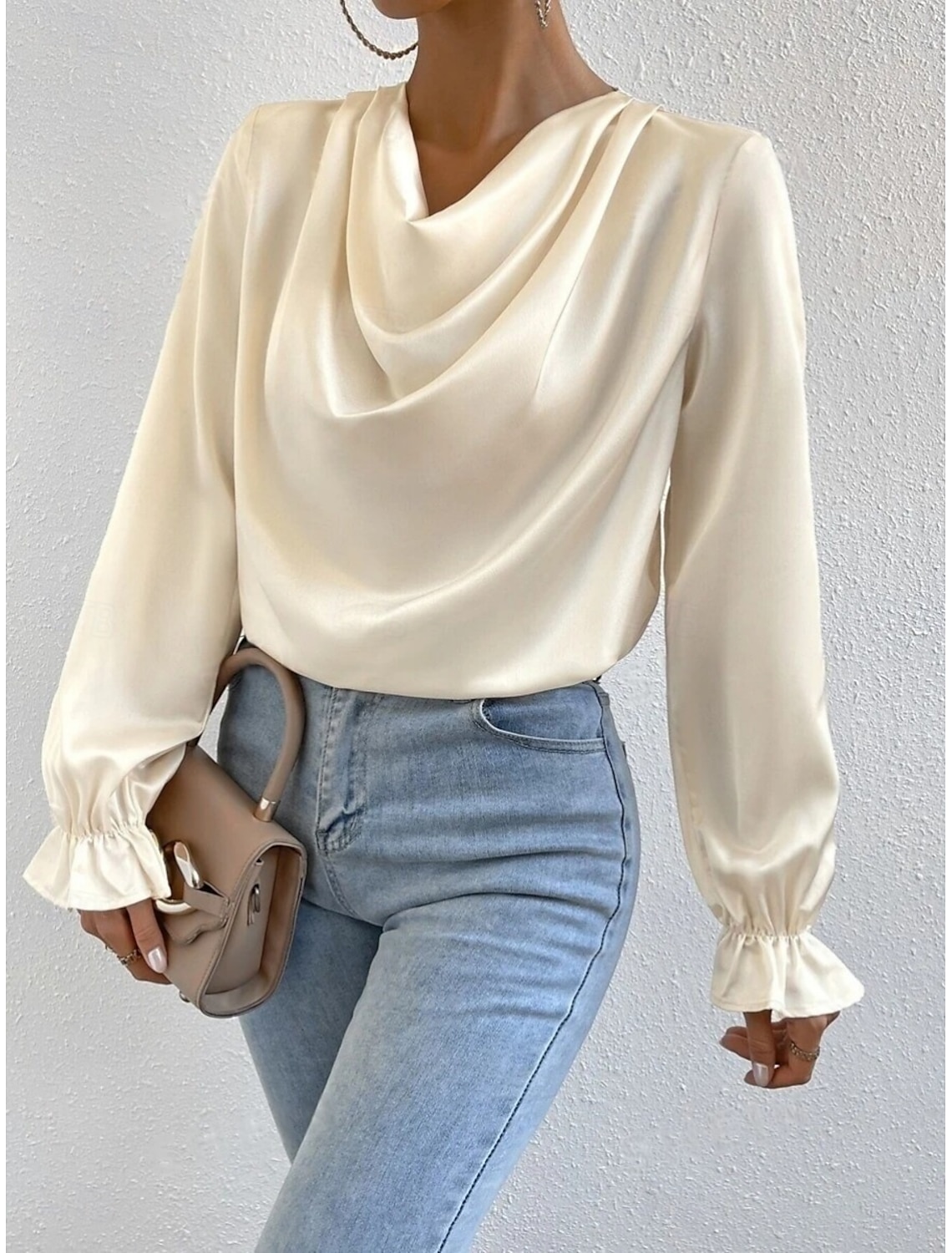 Women's Shirt Blouse Stylish Casual Solid Color Regular Tops Long Sleeve Cowl Neck Ruched Regular Fit Daily Summer Spring