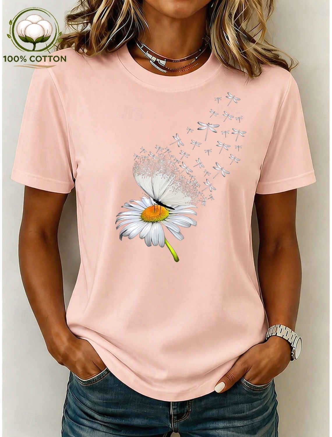 Women's 100% Cotton T Shirt Vintage Washed Tops Print Graphic Plants Stylish Basic Short Sleeve Crew Neck Regular Tops Casual Daily Blue Black Pink Purple Brown Summer Spring