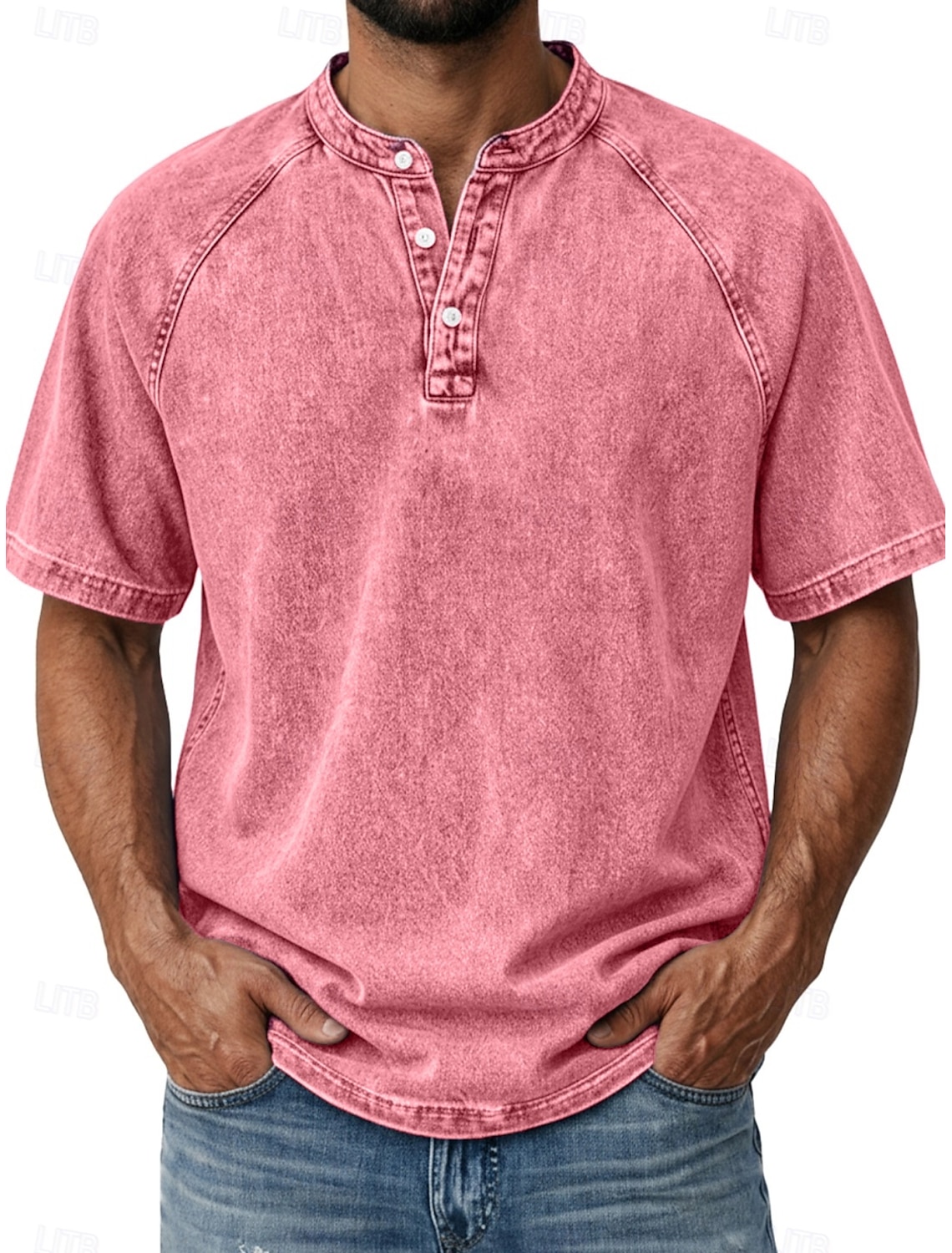 Men's T Shirt Demin 100% Cotton Acid Wash Henley Top Short Sleeve