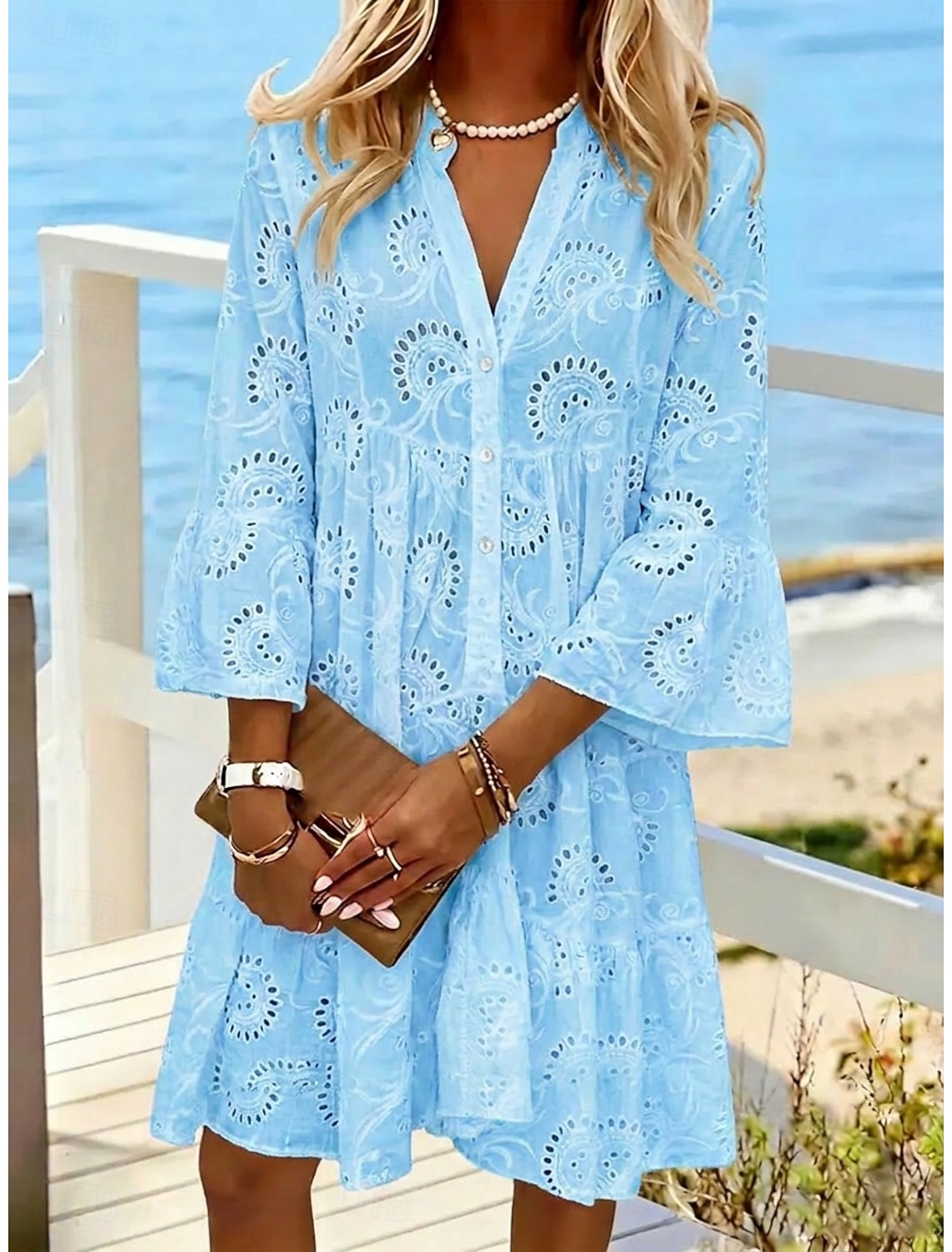 Women's Knee Length Dress White Dress Summer Dress Eyelet Dress Fashion Modern Beach Vacation Holiday Loose Fit Floral Long Sleeve Stand Collar White Yellow Pink Royal Blue Summer Spring
