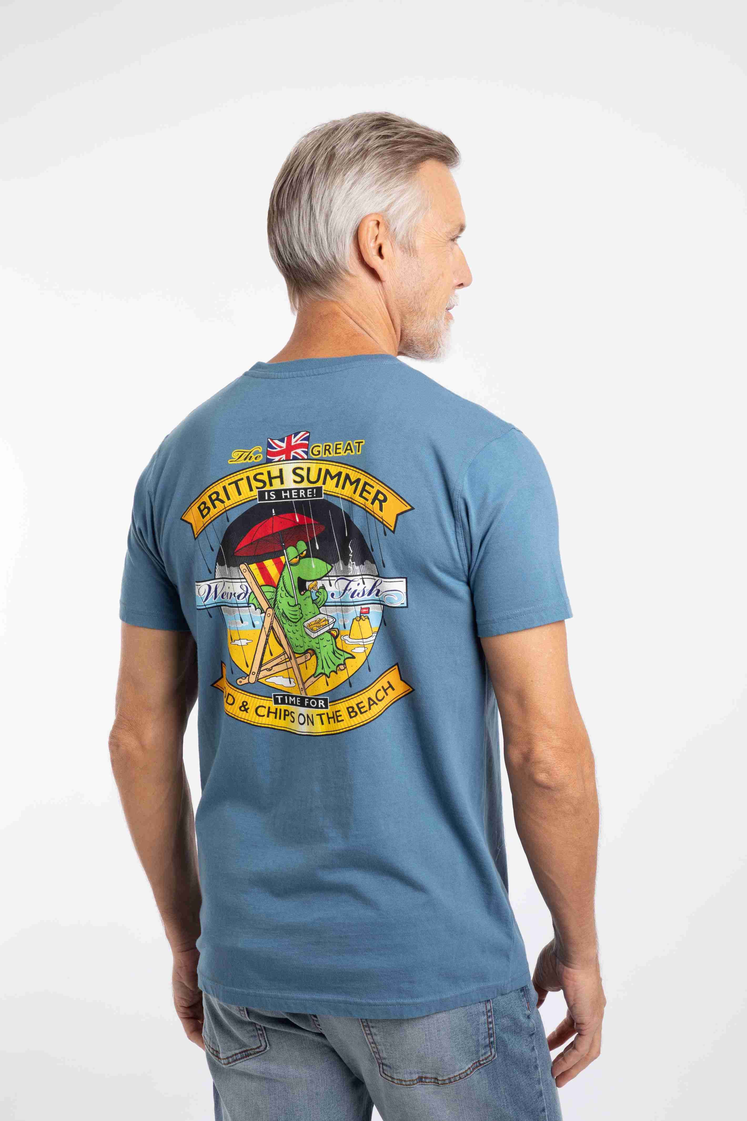 Cod and Chips Back Print Artist T-Shirt Washed Blue