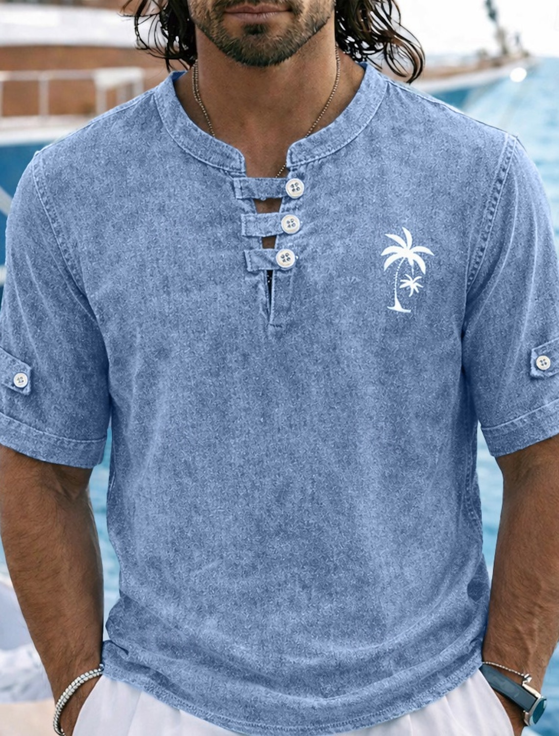 SoftFade™ Men's Polo Shirts 100% Cotton Acid Wash Shirt Casual Holiday Collarless Short Sleeve Fashion Basic Palm Tree Buttons Vintage Summer Spring Blue Red Green Polo Shirts